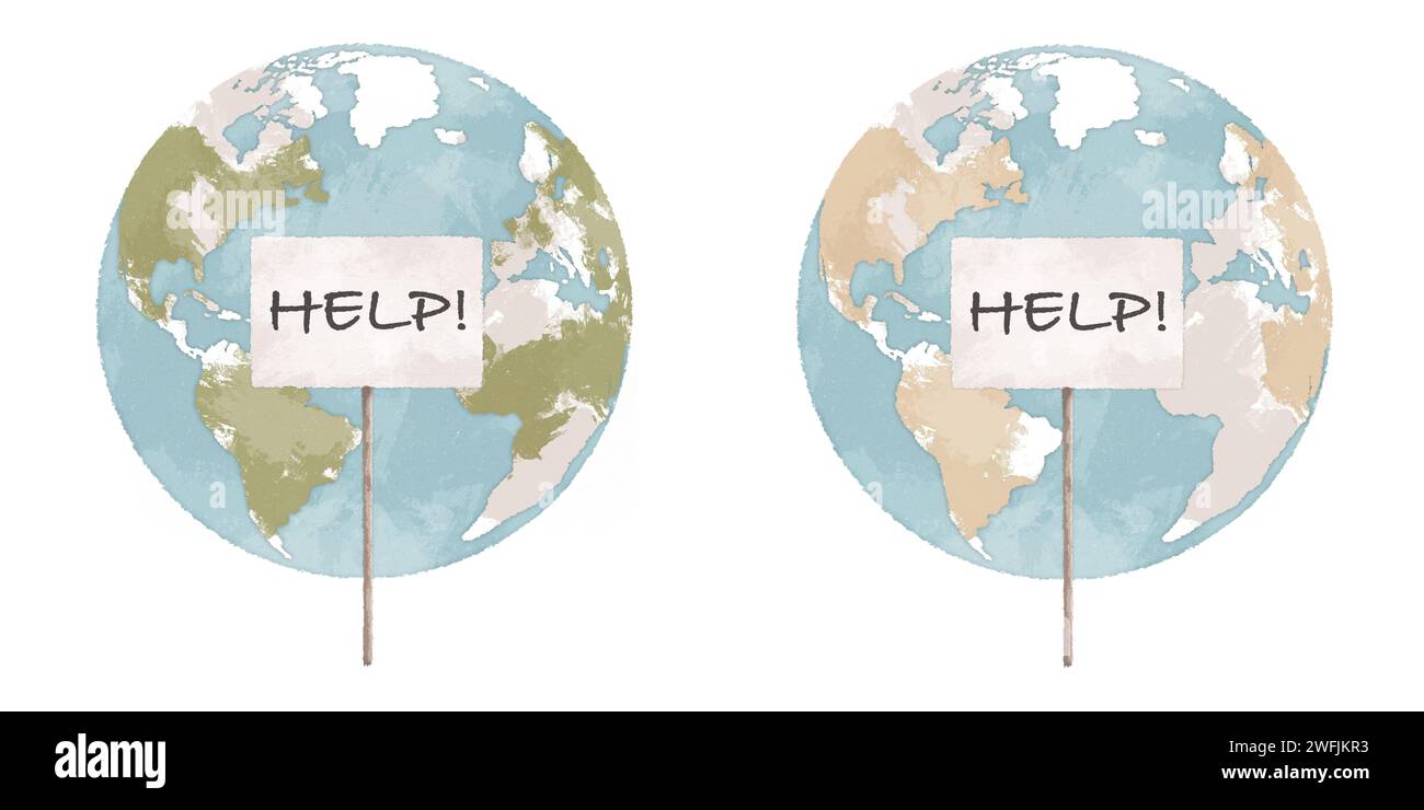 Planet Erde mit Hilfe Schild handgezeichnete Illustration. Konzept des Klimawandels. Globale Erwärmung Kunst. Stockfoto