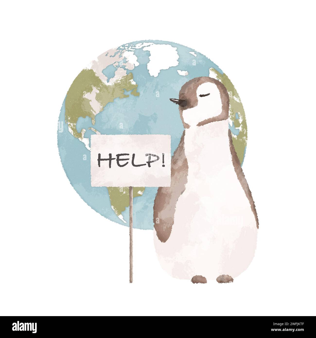 Pinguin mit einem Hilfeschild und einer Illustration des Planeten Erde. Konzept der globalen Erwärmung. Illustration des Klimawandels. Stockfoto