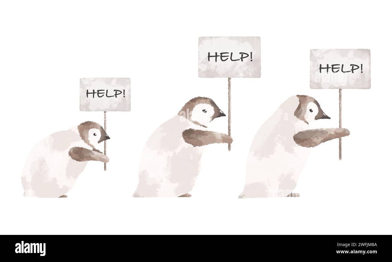 Gruppe von Pinguinen mit Hilfe-Schild. Konzept der globalen Erwärmung. Illustration des Klimawandels. Umweltschutzkunst Stockfoto