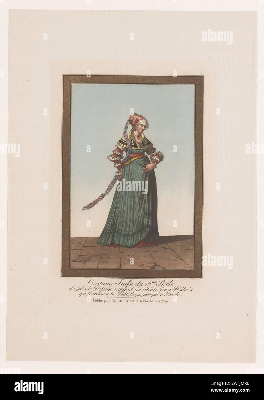 Frau mit durchsichtigem Hut, mit linker Hand nimmt sie Faltenrock auf, Johann Rudolph Schellenberg (möglich), Christian von Mechel, 1790 Druck Basler Papierätzkleider, Kostüm. Kleid, Kleid: hofkleid oder Hofkleid Schweiz Stockfoto