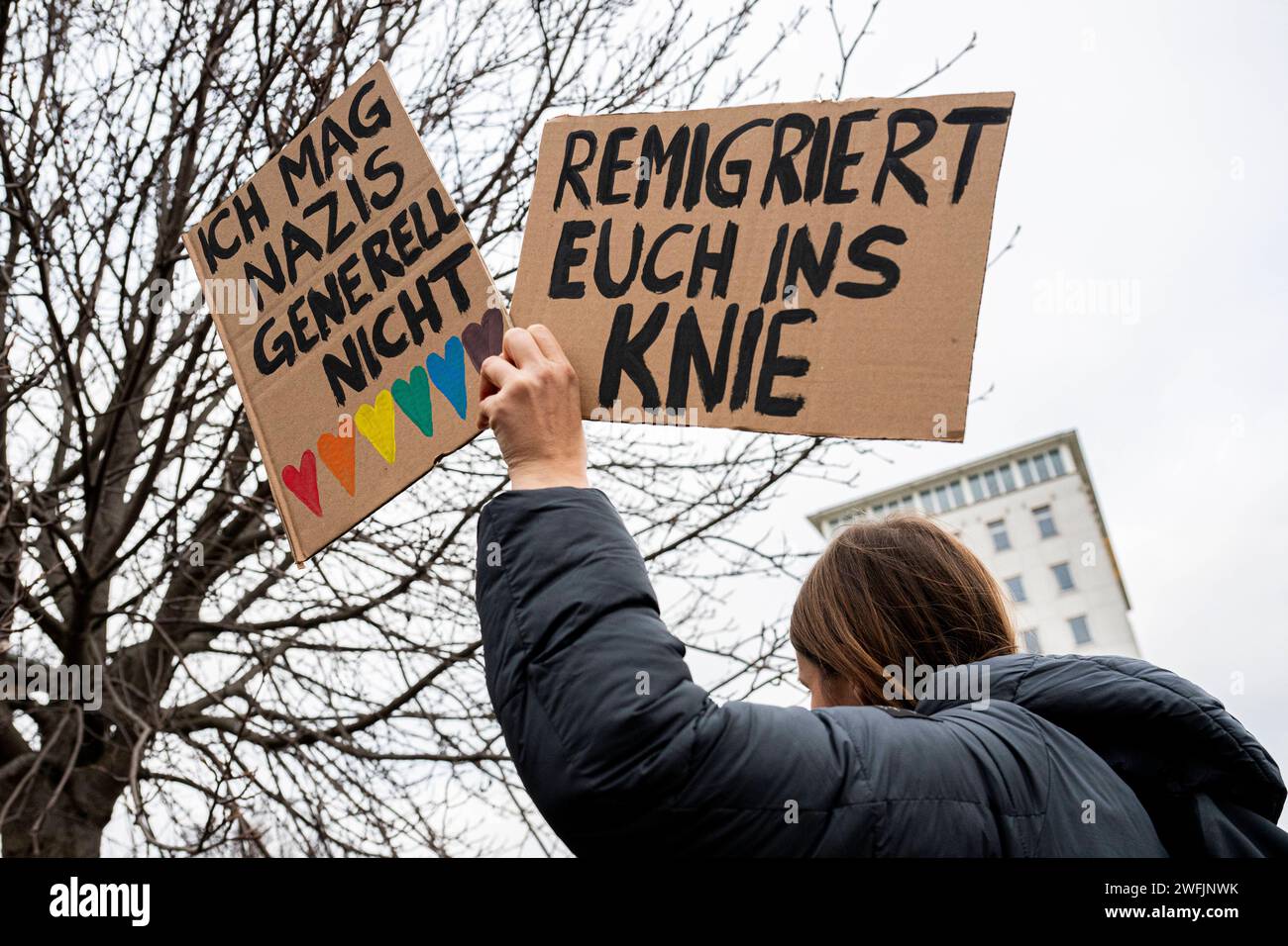 31/01/2024: Erfurt: Eine Demonstrantin hält zwei Schilder mit den Aufschriften ãIch mag Nazis allgemein nichtÒ und ãRemigriert euch ins KnieÒ. Die Demonstration ãNie wieder ist jetzt Stoppte die Faschistischen Visonen der AfD.Ò vorm Thüringer Landtag am 31. Januar 2024. / ___________________ Foto: Jacob Schröter 017623787412 DEMONSTRATION ãNIE WIEDER ist JETZTÒ VORM THÜRINGER LANDTAG *** 31 01 2024 Erfurt Ein Demonstrator hält zwei Schilder mit der Aufschrift ÒI allgemein donÕt Like NazisÓ und ÒRemigrate zu Ihrer kneesÓ die Demonstration ÒNie wieder ist jetzt Stoppte die Faschistischen Visonen der AfD Ò vor sich Stockfoto