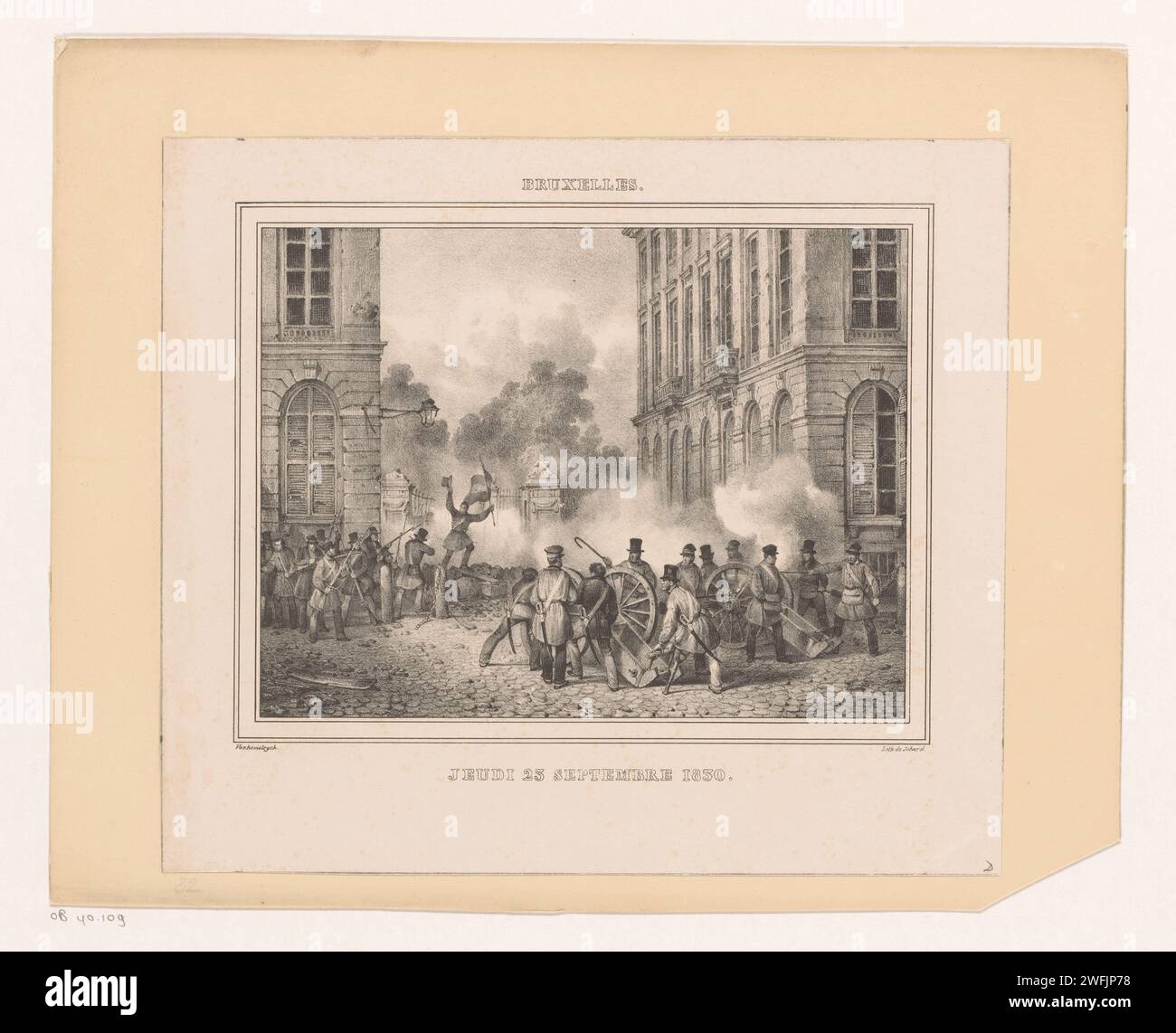 Kämpfe im Warandepark in Brüssel, 1830, Jean-Louis Van Hemelryck, 1830 - 1831 drucken belgische Aufständische hinter einer Barrikade im Warandepark in Brüssel am 23. September 1830. Jean-Joseph Charlier (Jambe de Bois) steckt hinter einer der Waffen. Brüsseler Papierbarrikaden  Riot Brussels. Wara-Park Stockfoto