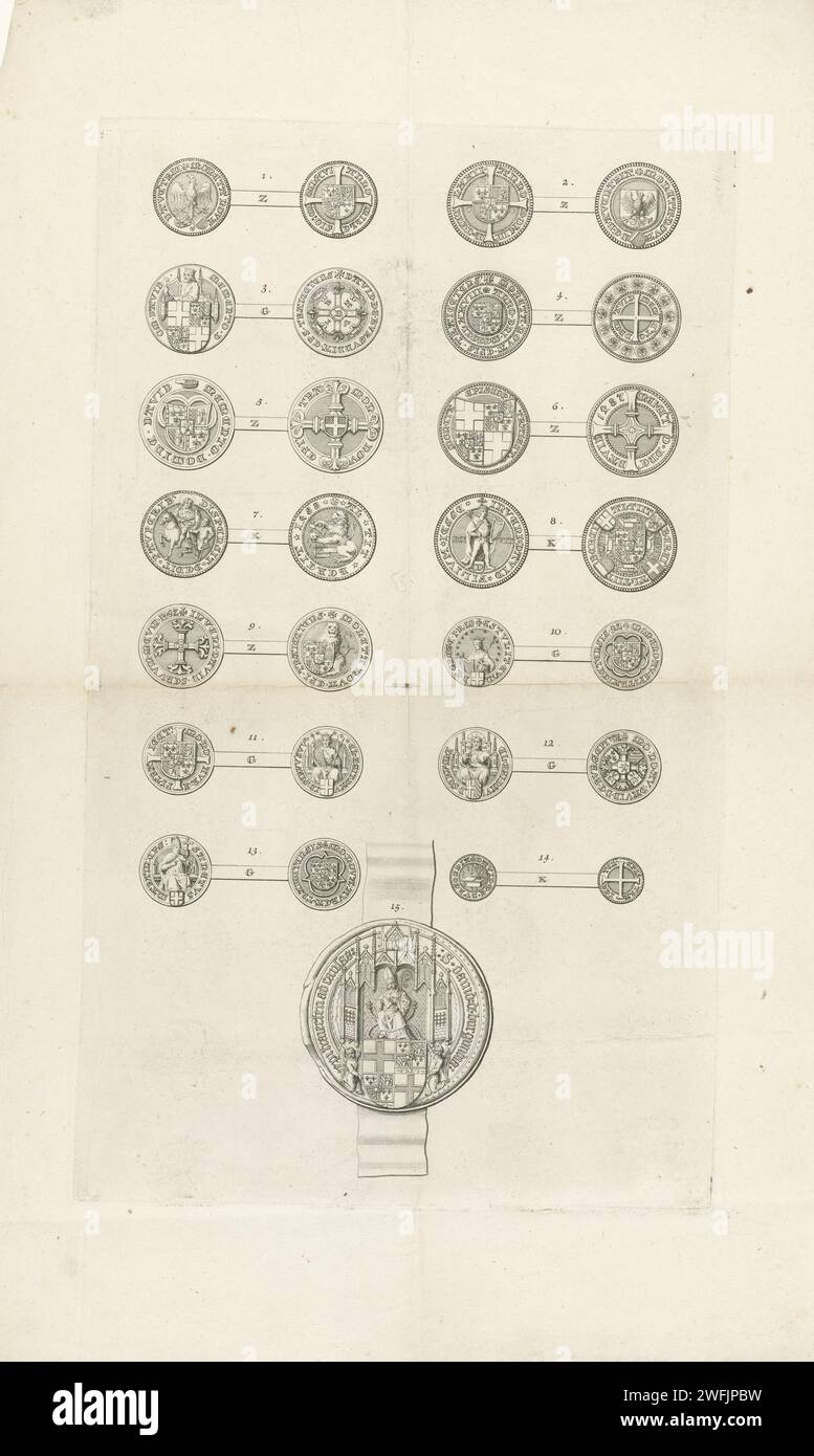 Munten, Jan Caspar Philips (evtl.), 1736 - 1775 drucken 14 Münzen, dargestellt in zwei Säulen zu je sieben. Die Vorder- und Rückseite jeder Münze sind nebeneinander dargestellt. Ganz unten auf der Vorderseite einer fünfzehnten Münze. Amsterdamer Papierätzmünze Stockfoto