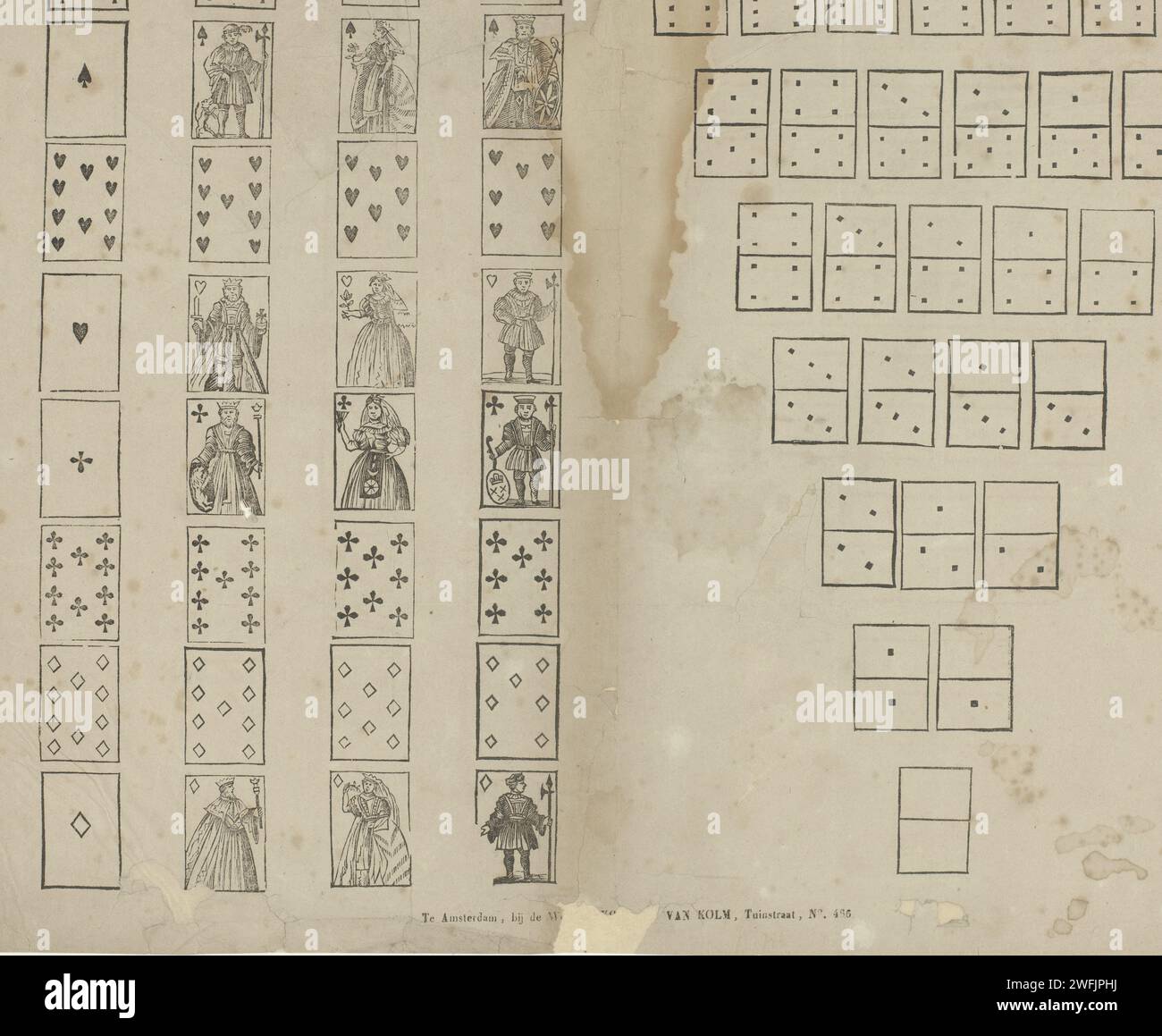 Domino und Kartenspiel, Witwe C. Kok -van Kolm, 1842 - 1866 Druck. Kartenspiel Leaf mit 32 Spielkarten und 28 Dominosteinen zum Ausschneiden. Rechts oben nummeriert: Nr. 55. Verlag: Amsterdamprint Maker: Niederlande Papier Buchdruck Dominosteine. Spielkarten Stockfoto