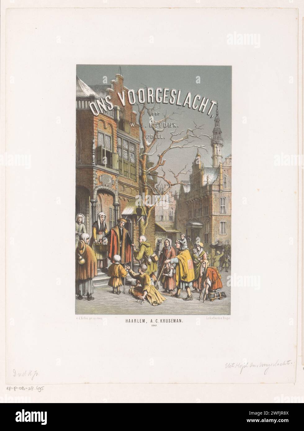 Titelseite für: Ons Voorglacht 5. Teil, David van der Kellen (1827-1895), 1863 Druck auf dem Bürgersteig eines Hauses, ein Mann verteilt Brot an die Arme. Einige von ihnen sind lahm. Druckerei: Netherlandsprinter: Haarlempublisher: Haarlem Papier, das Almosen oder andere Wohltätigkeitsorganisationen schenkt, z.B.: Essen verteilen. Person mit einer körperlichen Behinderung Stockfoto