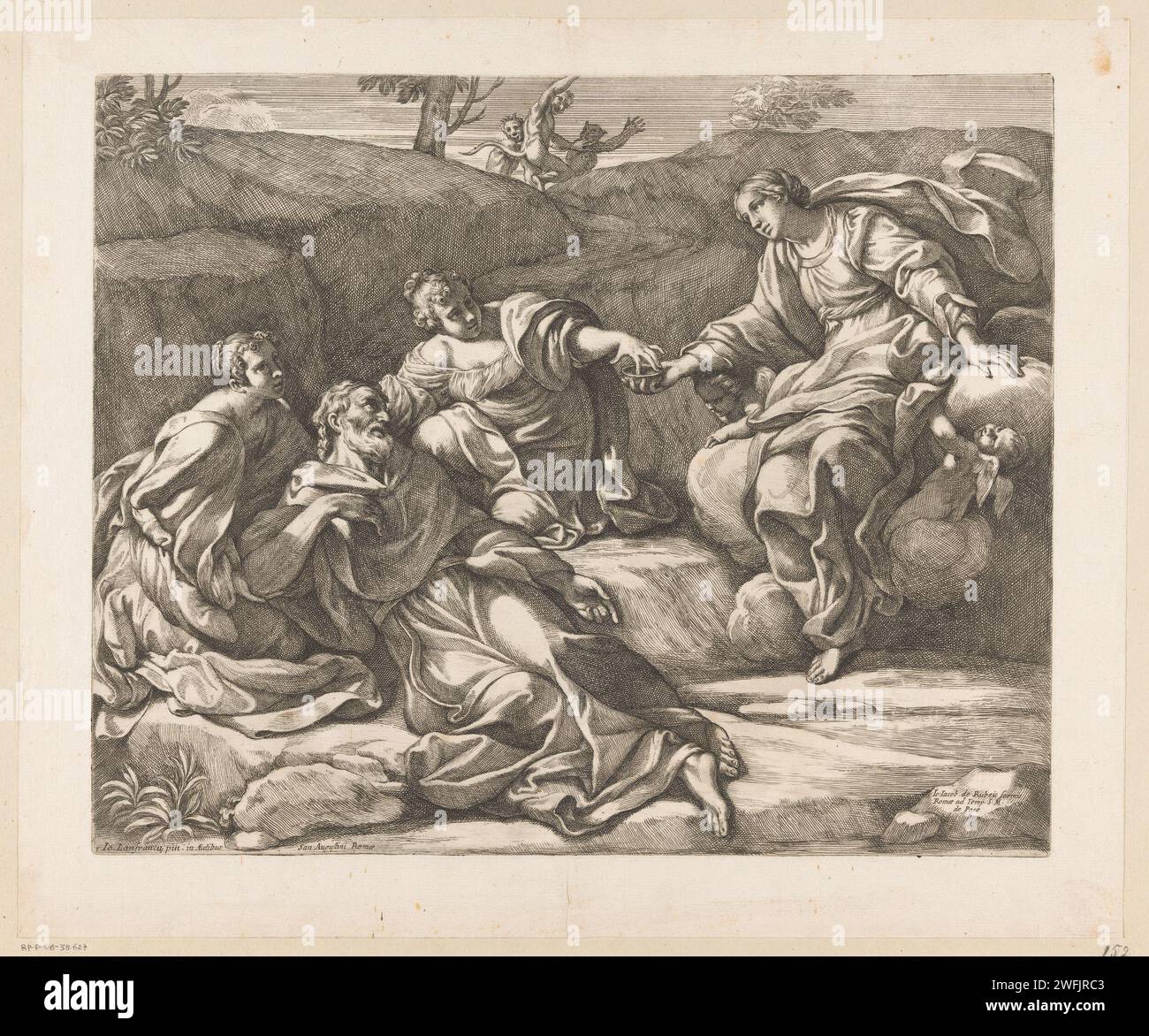 Maria erscheint Willem van Rievaulx, Carlo Cesio, nach Giovanni Lanfranco, ca. 1632 - ca. 1682 Druck Maria erscheint dem heiligen Willem van Rievaulx zusammen mit zwei weiteren weiblichen Figuren. Im Hintergrund die Dämonen, mit denen Willem van Rievaulx kämpfte. Druckerei: Italien Gemälde von: Romepublisher: Rom Papier ätzt Teufel(n) und Dämonen. Die Jungfrau Maria. Landschaften Stockfoto