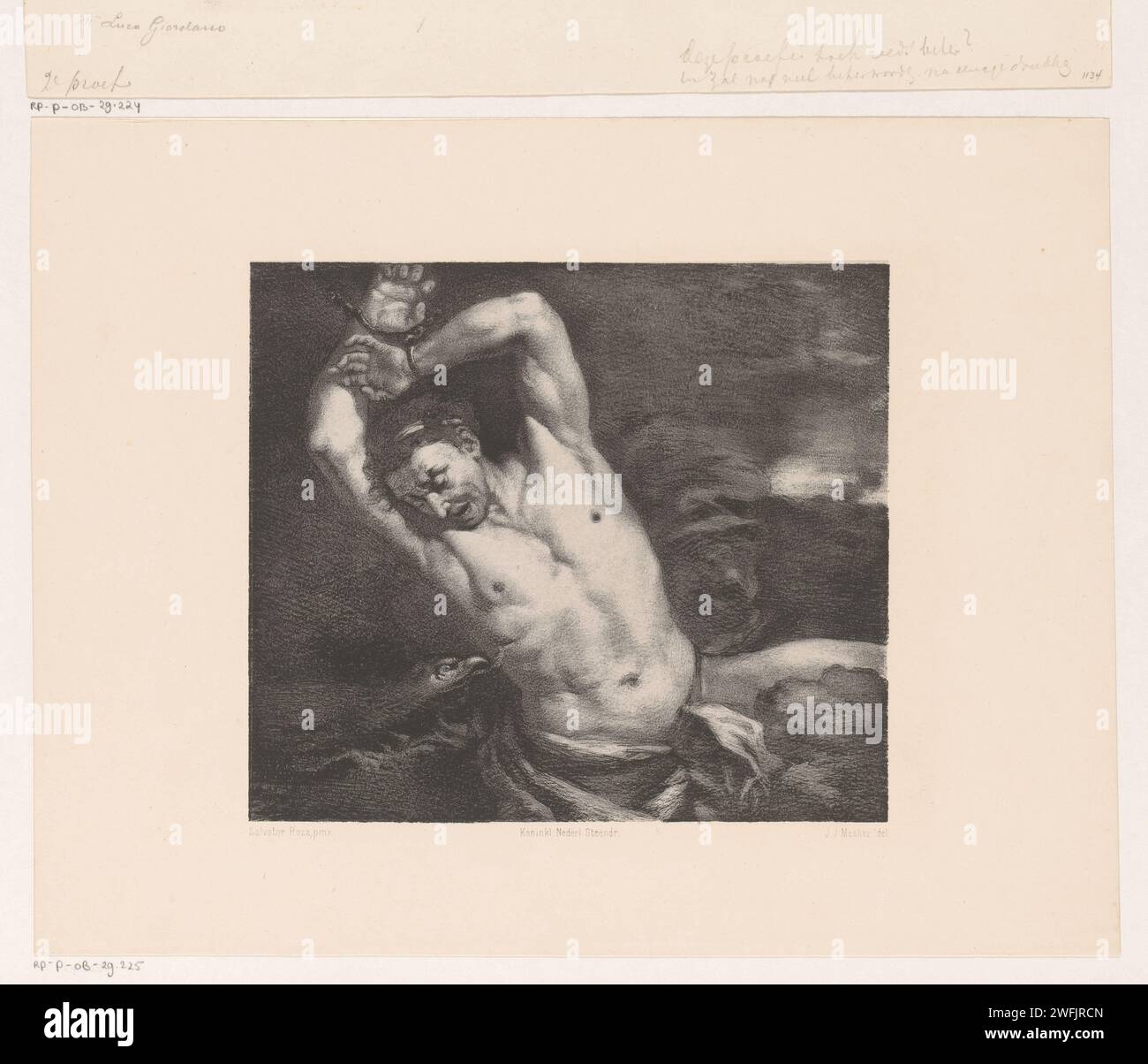 Der Greifvogel zieht die Leber aus dem Körper von Prometheus, Jan Mesker, nach Salvator Rosa, 1867–1874 Druck Prometheus, oder möglicherweise Tityus, wird mit seinen Armen über dem Kopf an einen Felsen gekettet. Das Haager Papier. Ein Adler weint an Prometheus' Leber. Tityus; zwei Geier (oder ein Adler), die seine Leber zerreißen Stockfoto