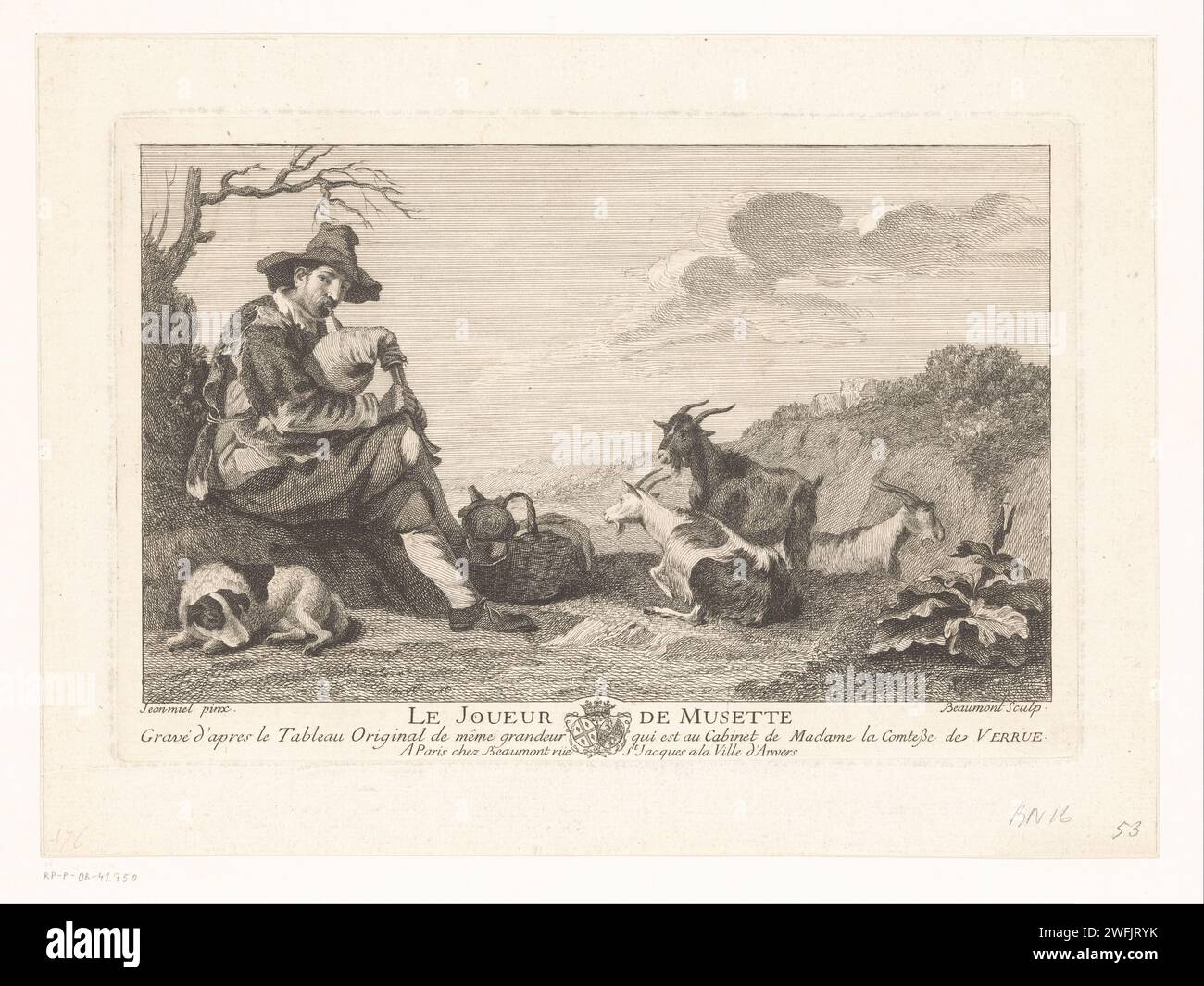 Dudelsackspieler mit Ziegen, Pierre Francois Beaumont, nach Jan Miel, 1729 - 1769 Druckerei: Francepublisher: Paris Papier ätzende Dudelsack, Musette - CC - draußen. Ziege Stockfoto