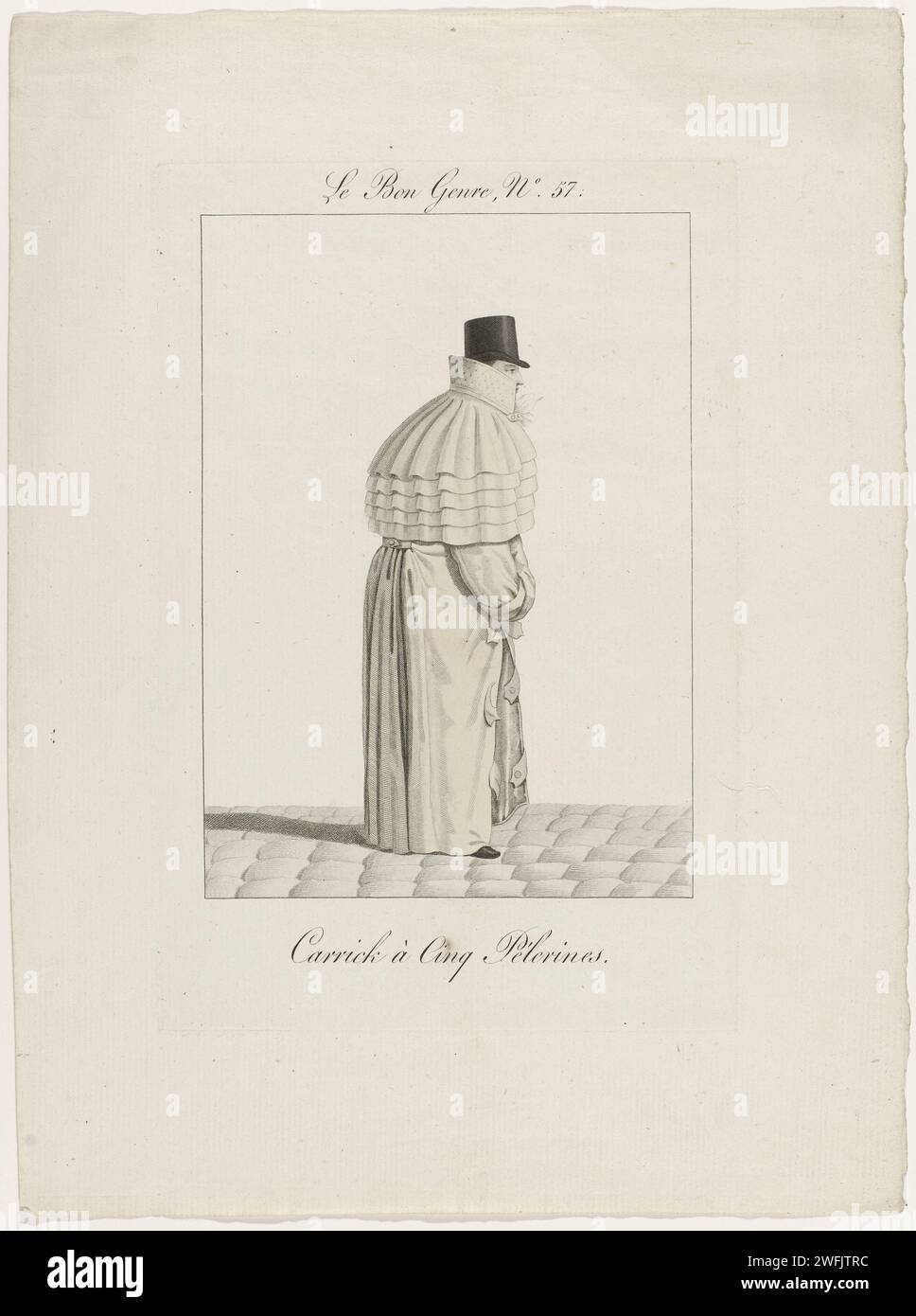 The good Genre No. 57: Carrick mit fünf Peregards, Anonym, um 1817 Amsterdam Paper Fashion Plates. Mantel (CARRICK) (+ Herrenkleidung). Kopfbedeckung: Hut (+ Herrenkleidung) Stockfoto