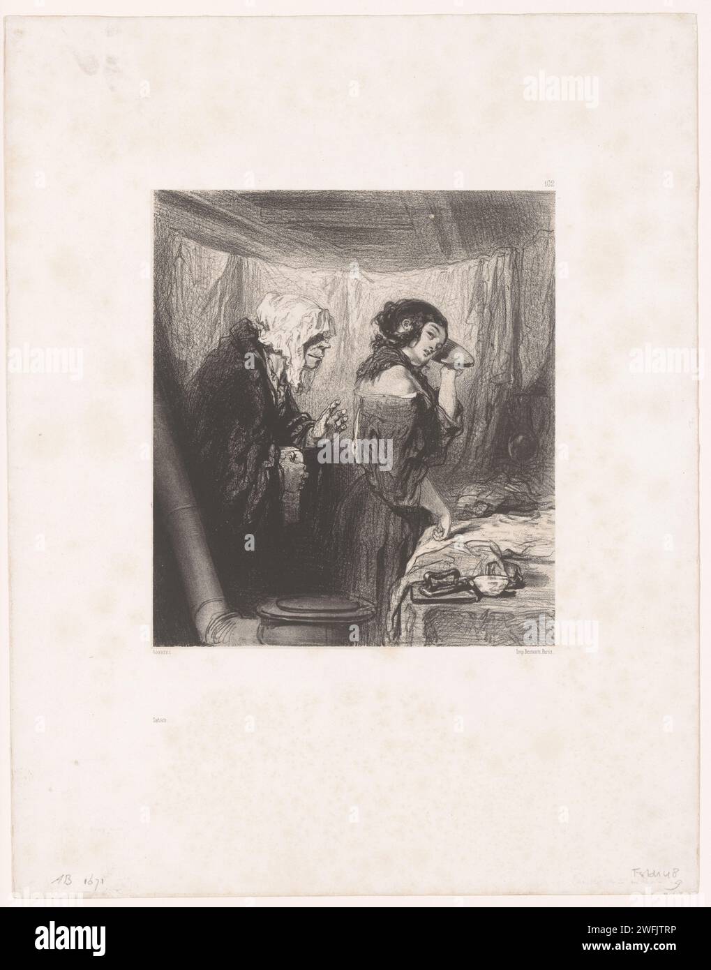 Das alte Paar spricht mit einer jungen Wäscherin, Paul Gavarni, Paris-Druckpapierpräparat 1854. Hässliche, alte Frau, verdammt. Waschhaus, Waschküche, Waschküche. Jugendliche, junge Frau, Jungfrau Stockfoto