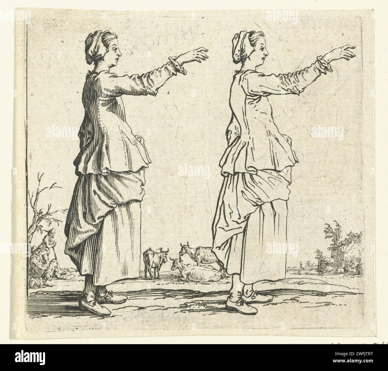 Zweimal dieselbe Bäuerin mit erhobenem Arm, rechts gesehen, Jacques Callot, 1621 - 1624 drucken Eine Bäuerin, der rechte Arm in einer zeigenden Geste, rechts gesehen, zweimal dargestellt: Rechts als Linienfigur, links mit Schattenpartys auf der linken Seite. Zwei Figuren und drei Kühe im Hintergrund. Dieser Druck ist Teil einer Serie von 16 Drucken (15 nach Lieure; 17 bzw. 16 inkl. Titeldruck) mit Männern und Frauen in verschiedenen Haltungen. Diese Ausdrucke könnten als Zeichenbeispiele gedacht sein. Nancy Paper Radiching Farmers - AA - Bäuerin, Bäuerin Stockfoto