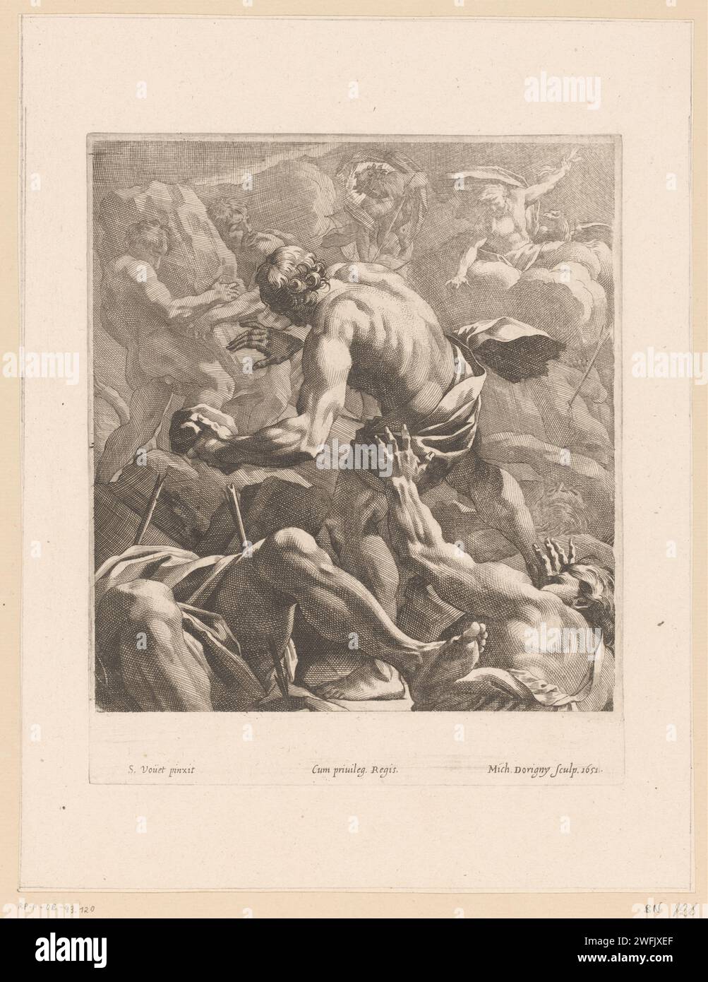 Riants in a Fight with the Olympic Gods, Michel Dorigny, nach Simon Vouet, 1651 Druck Frankreich Papiergravur / Radierung Kampf der Riesen gegen die Götter: gigantomachy Stockfoto