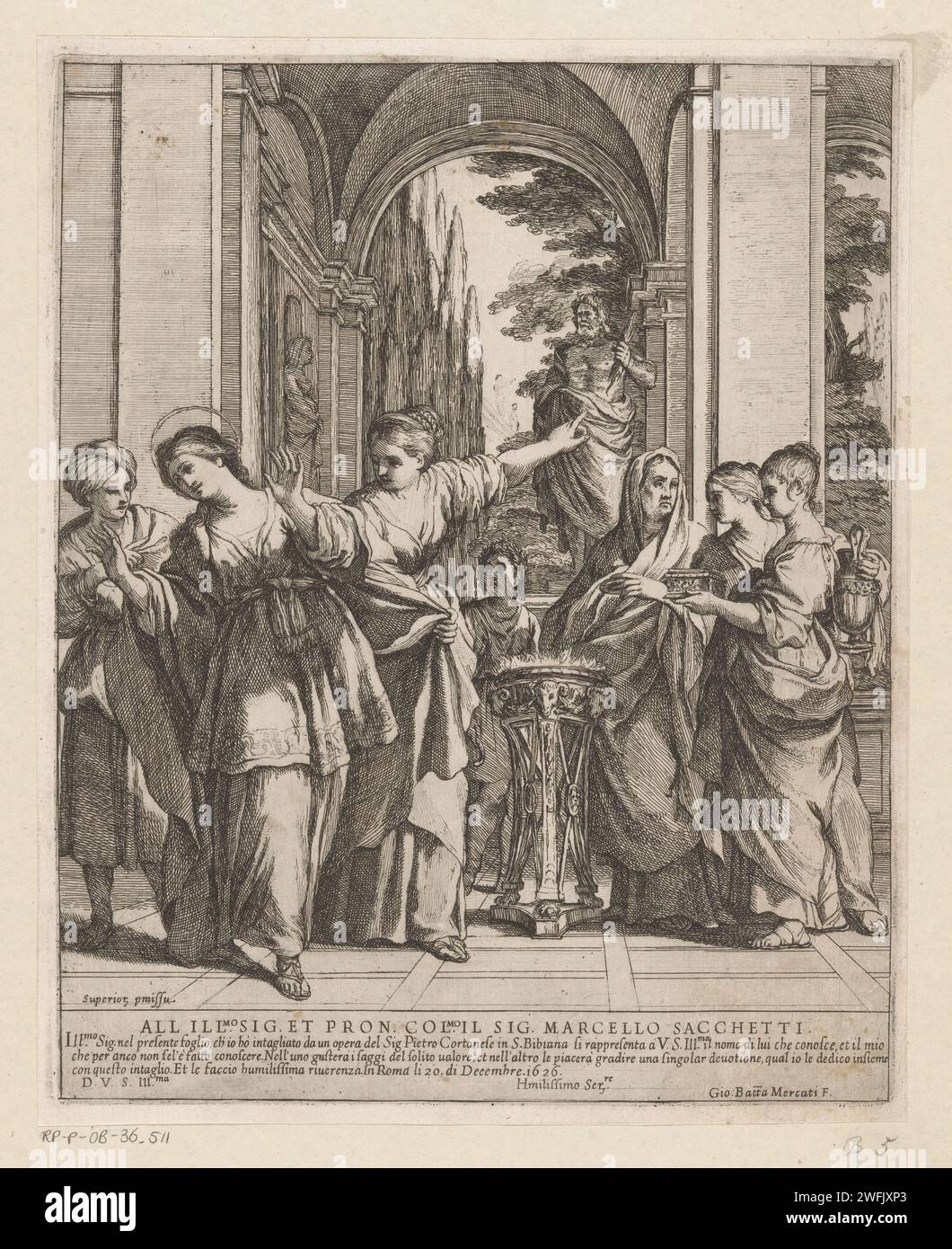 Die heilige Viviane weigert sich, die heidnischen Götter Giovanni Battista Mercati zu opfern, nachdem Pietro da Cortona 1626 Eine Gruppe von Frauen eine heidnische Statue für eine Galerie druckte. Die Heilige Viviana wendet den Frauen und dem Bild den Rücken. Zuweisung am Endrand. Druckerei: RomeAfter Malerei von: RomeItalienItalien Papier ätzend weibliche Heilige (mit NAMEN). Opferbereitschaft Stockfoto