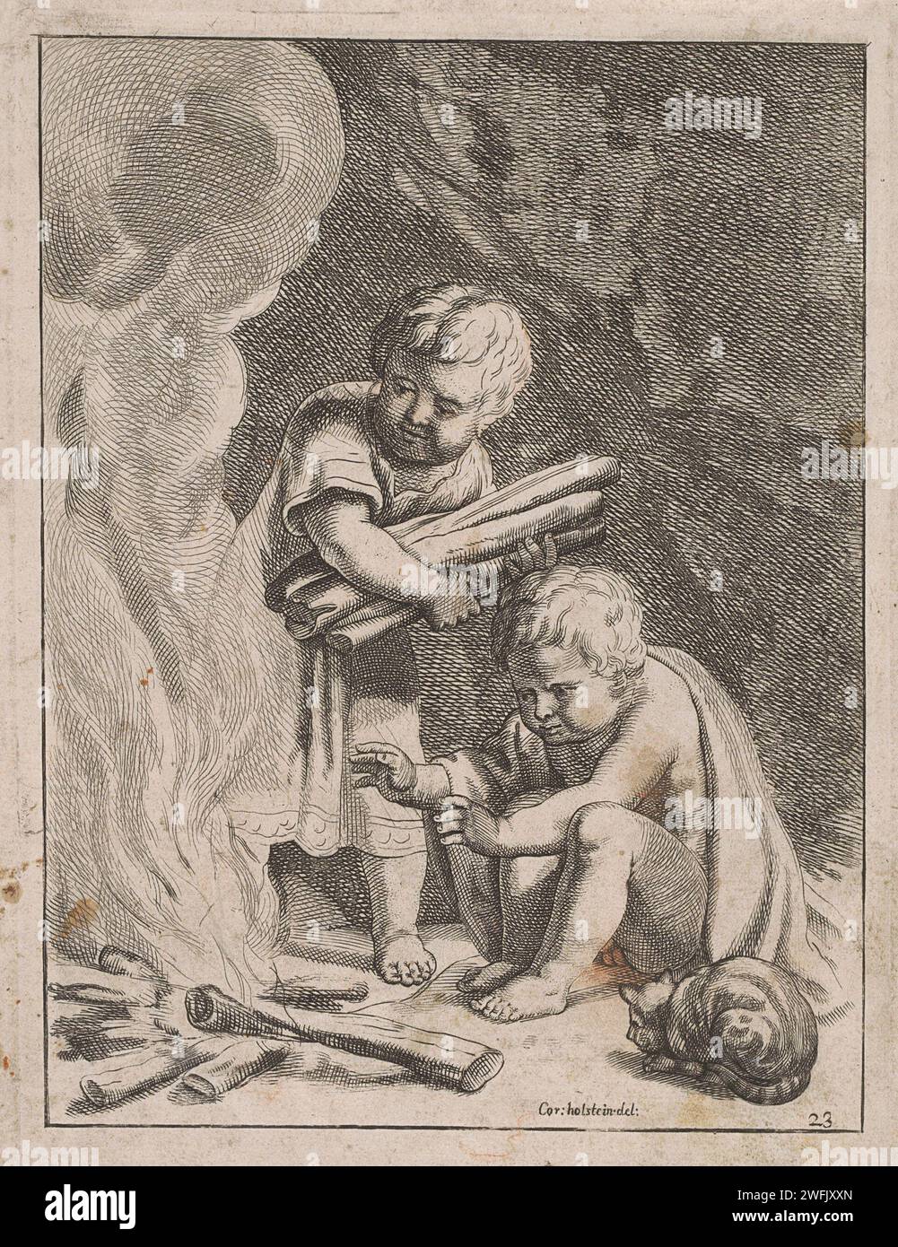 Vanitas Performance mit Putto and Death, Anonymous, 1647 Print in einem Raum gibt es einen Putto auf einem Berg von Wertsachen und eine Blase weht. Links ein lesender Mann, der mit einer geflügelten Sanduhr in der Hand vom Tod gefangen wird. Im Hintergrund ein kniender Mann mit gefalteten Händen bei einem reich gekleideten Herrn. Papierätzung / Buchdrucktod als Skelett. (Kinder oder Putti) Blasen, 'Homo Bulla'  Szene symbolisiert 'Vanitas' Stockfoto