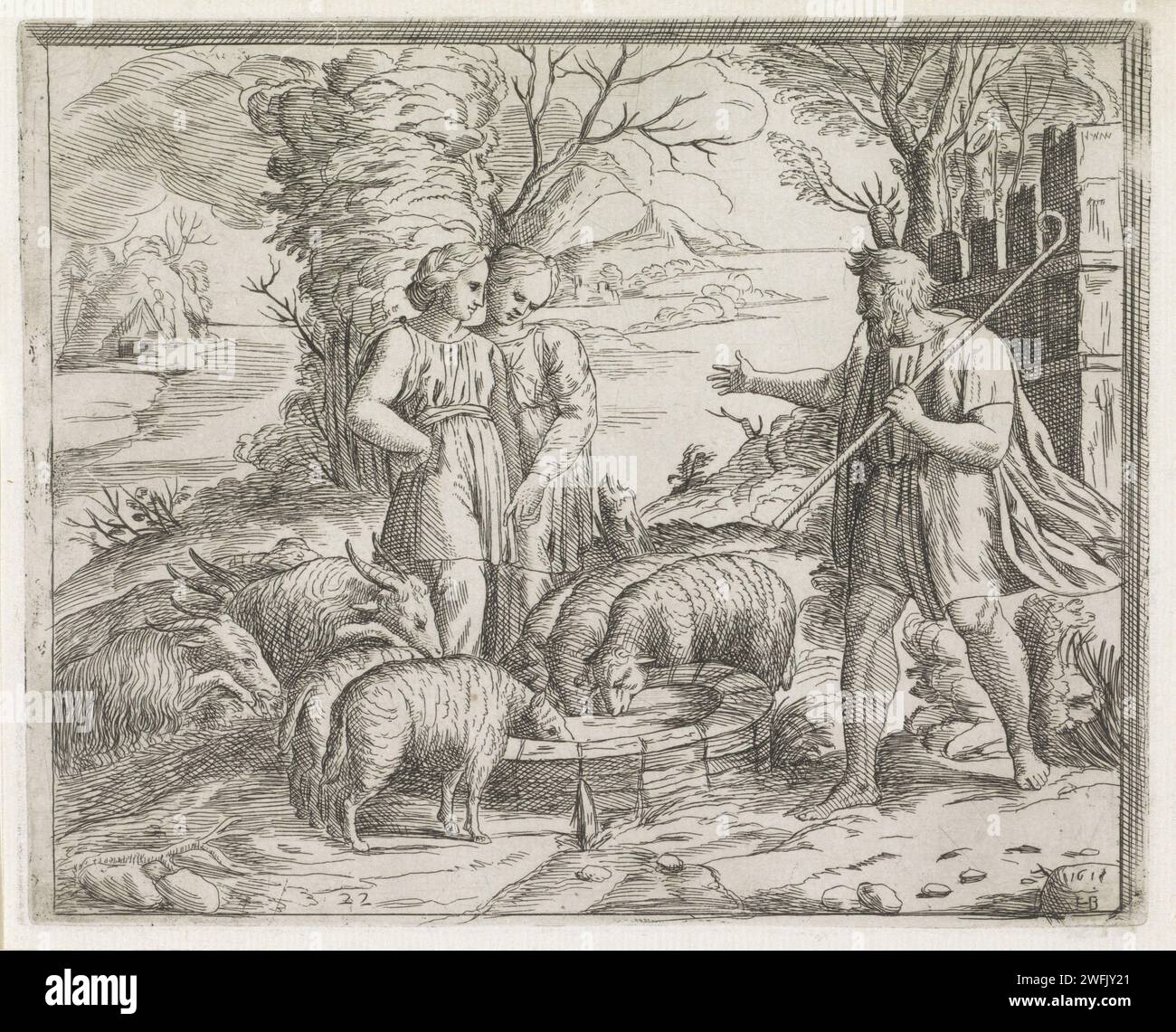 Jakob trifft Rachel im Bron, Orazio Borianni, nach Rafaël, 1615 Druck Rachel lässt die Schaf- und Ziegenherde ihres Vaters an einer Quelle trinken. Rachel und Jakob treffen sich an der Quelle. Print Maker: ItalyaFter Gemälde von: Vatikanstadt Papier ätzend Jacob am Brunnen von Haran (1. Mose 29:1-13) Stockfoto