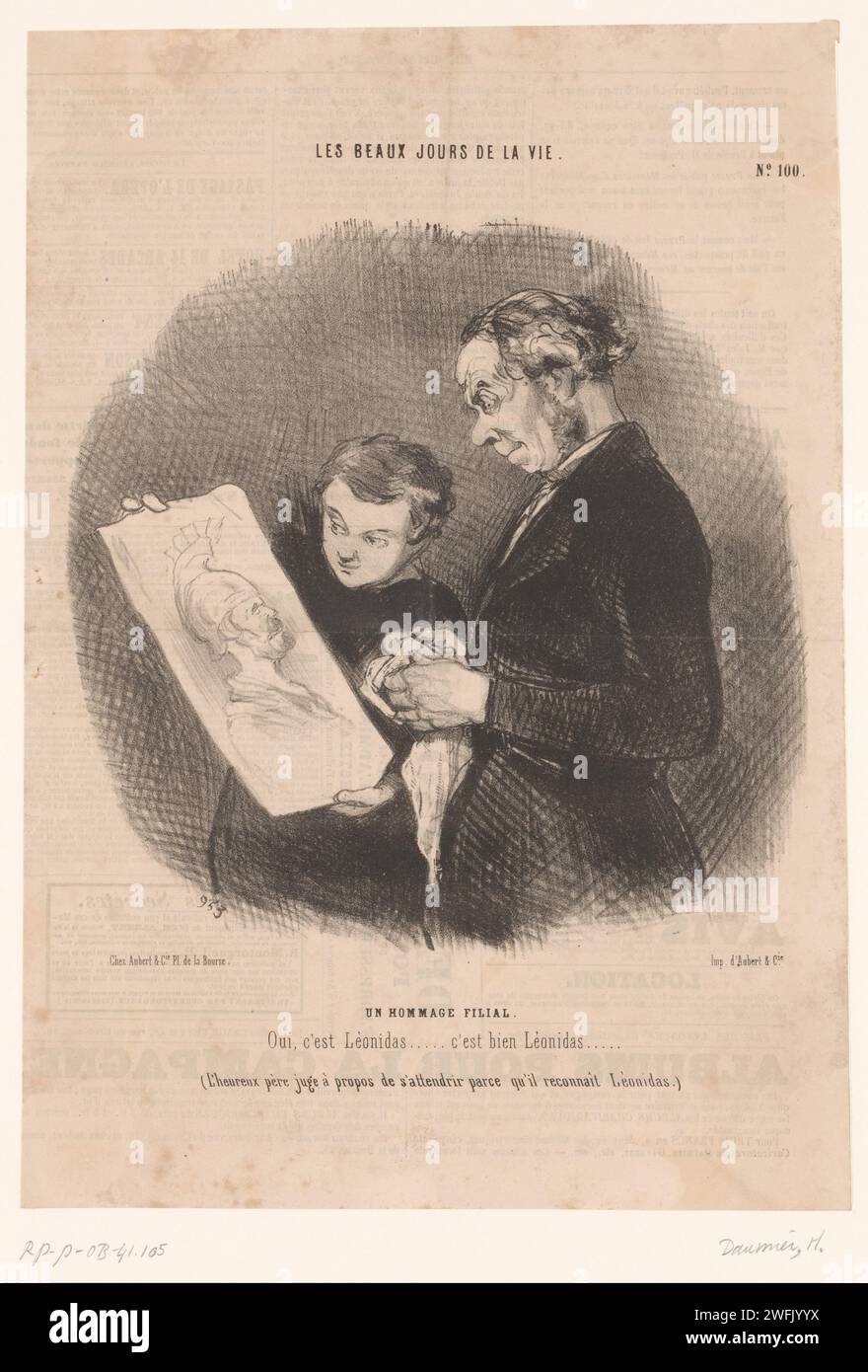 Vater bewundert die Zeichnung seines Sohnes Honoré Daumier, 1846 der Sohn hat den griechischen König Leonidas I. von Sparta unterzeichnet. Pariser Papierkarikaturen (menschliche Typen). Zeichnung, Skizze. Vater mit Sohn(en) (Vater-Liebe). Vater und Sohn(e) (Familiengruppe) (mit ANZAHL der Söhne) Stockfoto