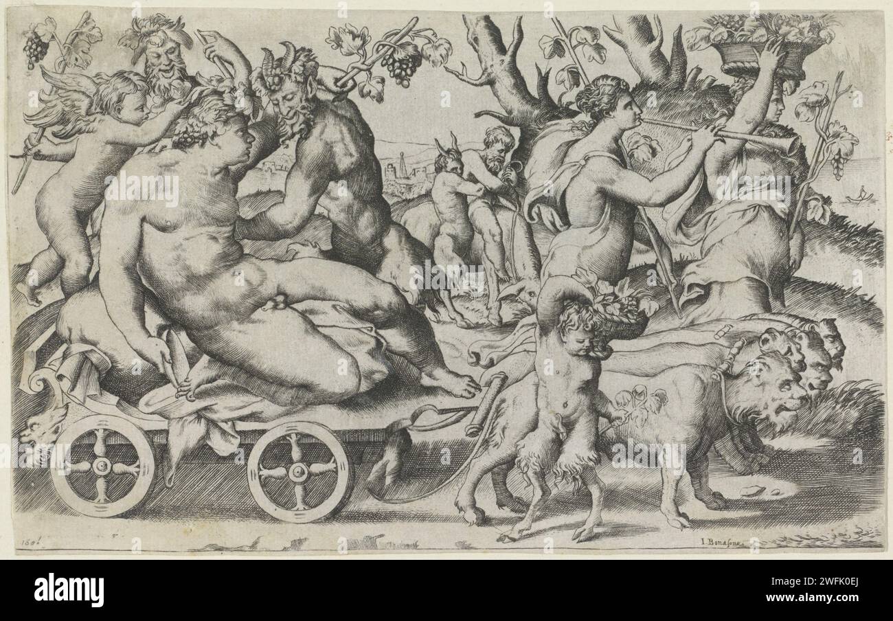 Triomf Van Bacchus, Giulio Bonasone, nach Perino del Vaga, 1501 - 1580 Druck Bacchanten Prozession rechts. Bacchus sitzt auf einem Auto, das von vier Löwen gezogen wird. Hinter Bacchus gibt es zwei Saters und einen Putto-Schwimmer. Rechts zwei Baccians. Im Hintergrund Silenus auf einem Esel. Italien Papierstich (Geschichte von) Silenus. Bacchus mit seinem weingespülten Zug (Thiasos). Triumph von Bacchus; „Carro di Bacco“ (Ripa) Stockfoto