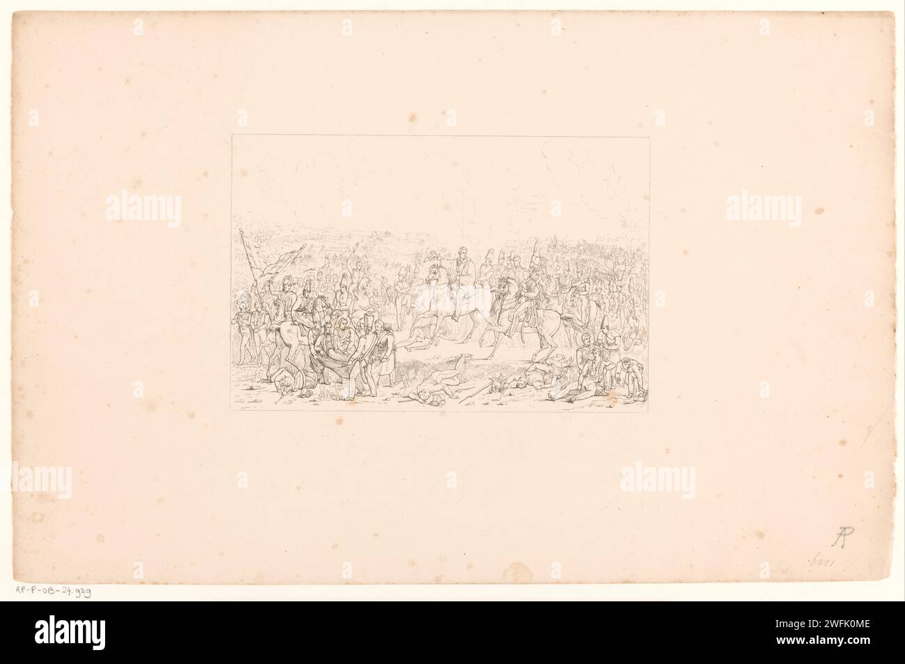 Schlacht von Waterloo, Jean Augustin Daiwaille, nach Jan Willem Pieneman, 1820–1833 Print die Schlacht von Waterloo, 18. Juni 1815. Blick auf das Schlachtfeld, als der englische Kommandant Wellington hört, dass preußische Hilfe unterwegs ist. Der verwundete Willem, Prinz von Orange, wird nach links in den Vordergrund gebracht. Die Kommandeure und andere Offiziere zu Pferd sind in der Mitte, im Vordergrund verletzte und tote Soldaten. Die Kämpfe toben auf dem Schlachtfeld im Hintergrund. Amsterdamer Papierladung  Schlacht (+ Landstreitkräfte). Er wird außer Gefecht gesetzt, indem er Waterloo verwundet Stockfoto