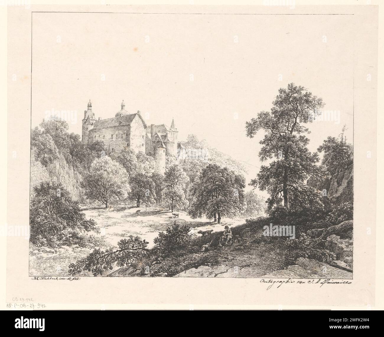 Environs de Namur, Barend Cornelis Koekkoek, 1820 - 1833 Druck es gibt eine Burg auf einem Hügel in einer bewaldeten Landschaft. Es gibt zwei Figuren und einen Hund im Vordergrund. Amsterdamer Papierlandschaft mit Turm oder Schloss. Landschaften in der gemäßigten Zone (+ Landschaft mit Figuren, Personal) Namen (Stadt) Stockfoto