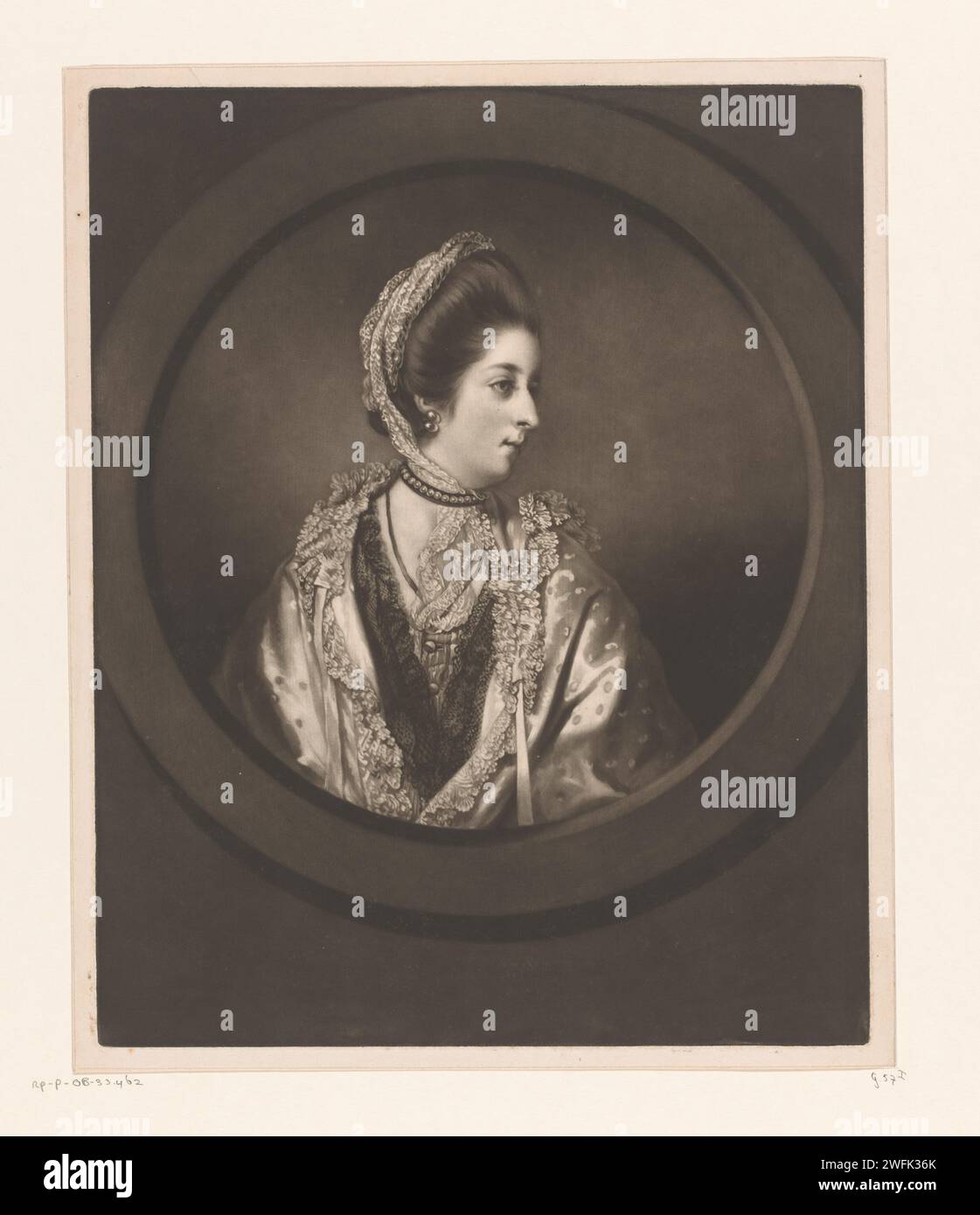 Portret van Almeria Carpenter, James Watson (Prentmaker), nach Joshua Reynolds, 1768 gedruckte Londoner Zeitung Historic Persons - BB - Woman. perle; Perlenkette. spitze Stockfoto