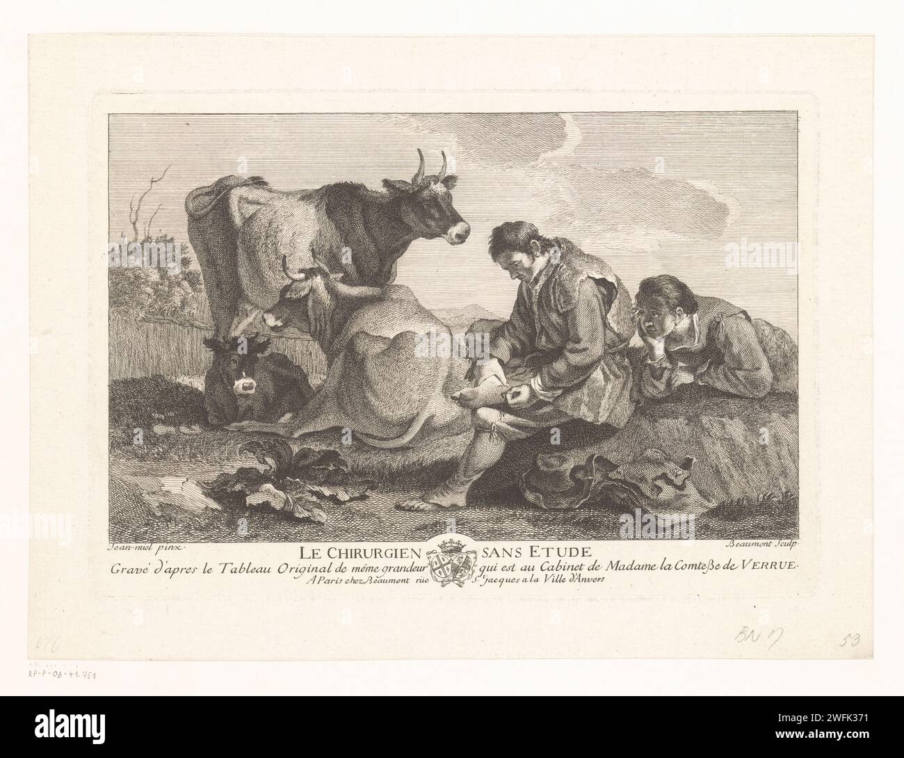 Schäfer mit Kühen, Pierre Francois Beaumont, nach Jan Miel, 1729 - 1769 Druckerei: Franziskaner: Pariser Papierätzhüte, Hirte, Hirte, Hirte, Hirte, Hirtin, Hirtin, Hirtin, Hirtin, Hirtin, Hirtin, Hirtin, Hirtin, Hirtin, Kuhhirte usw. Spinario, Kind, das einen Dorn aus dem Fuß zieht Stockfoto