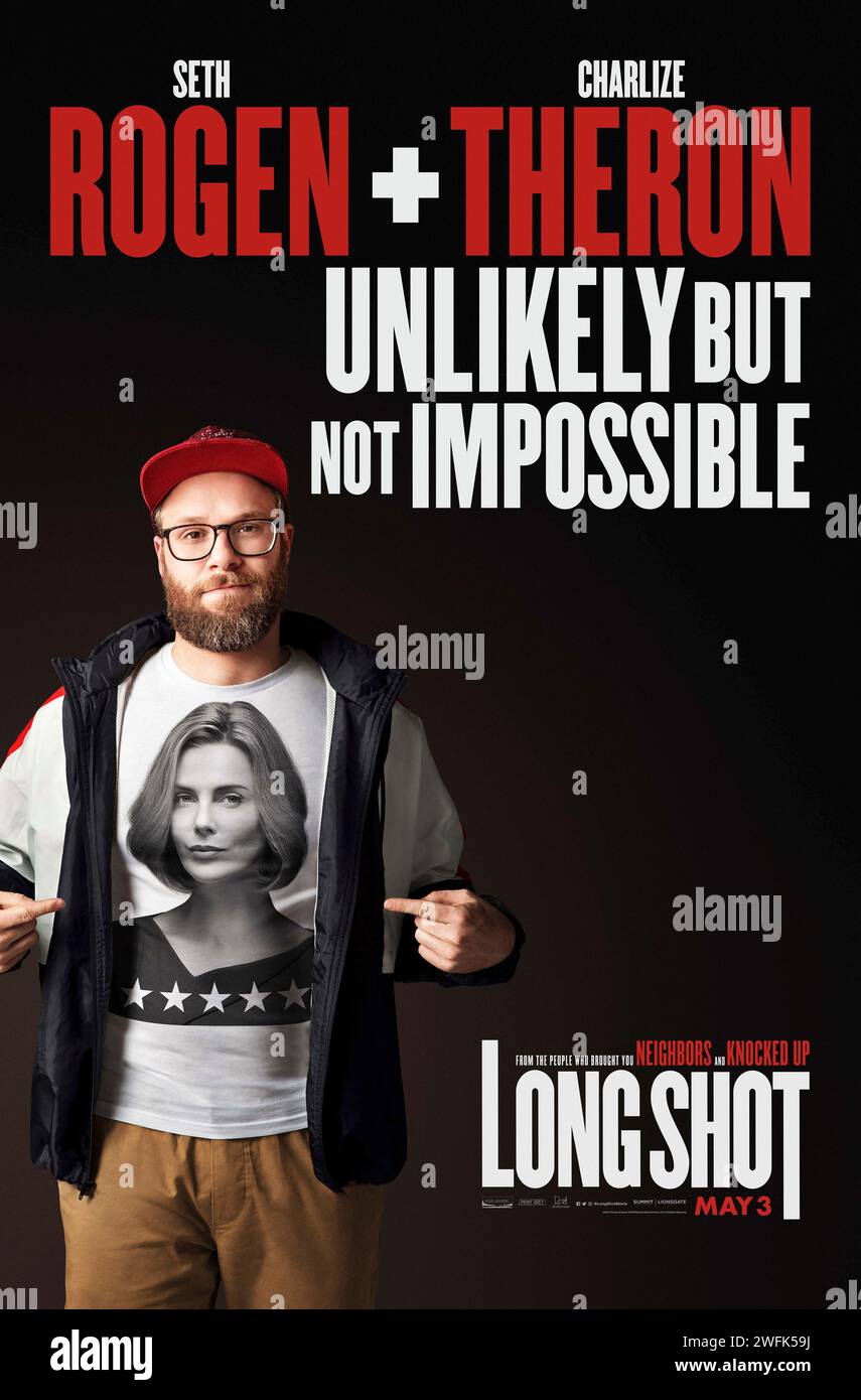 Long Shot (2019) von Jonathan Levine mit Charlize Theron, Seth Rogen und June Diane Raphael. Der Journalist Fred Flarsky vereint sich wieder mit seiner Kindheit, Charlotte Field, die heute eine der einflussreichsten Frauen der Welt ist. Als sie sich auf die Präsidentschaftskandidatur vorbereitet, heuert Charlotte Fred als Rednerin an, und Funken fliegen. US-Poster mit einem Blatt ***NUR FÜR REDAKTIONELLE ZWECKE***. Quelle: BFA/Lionsgate Stockfoto