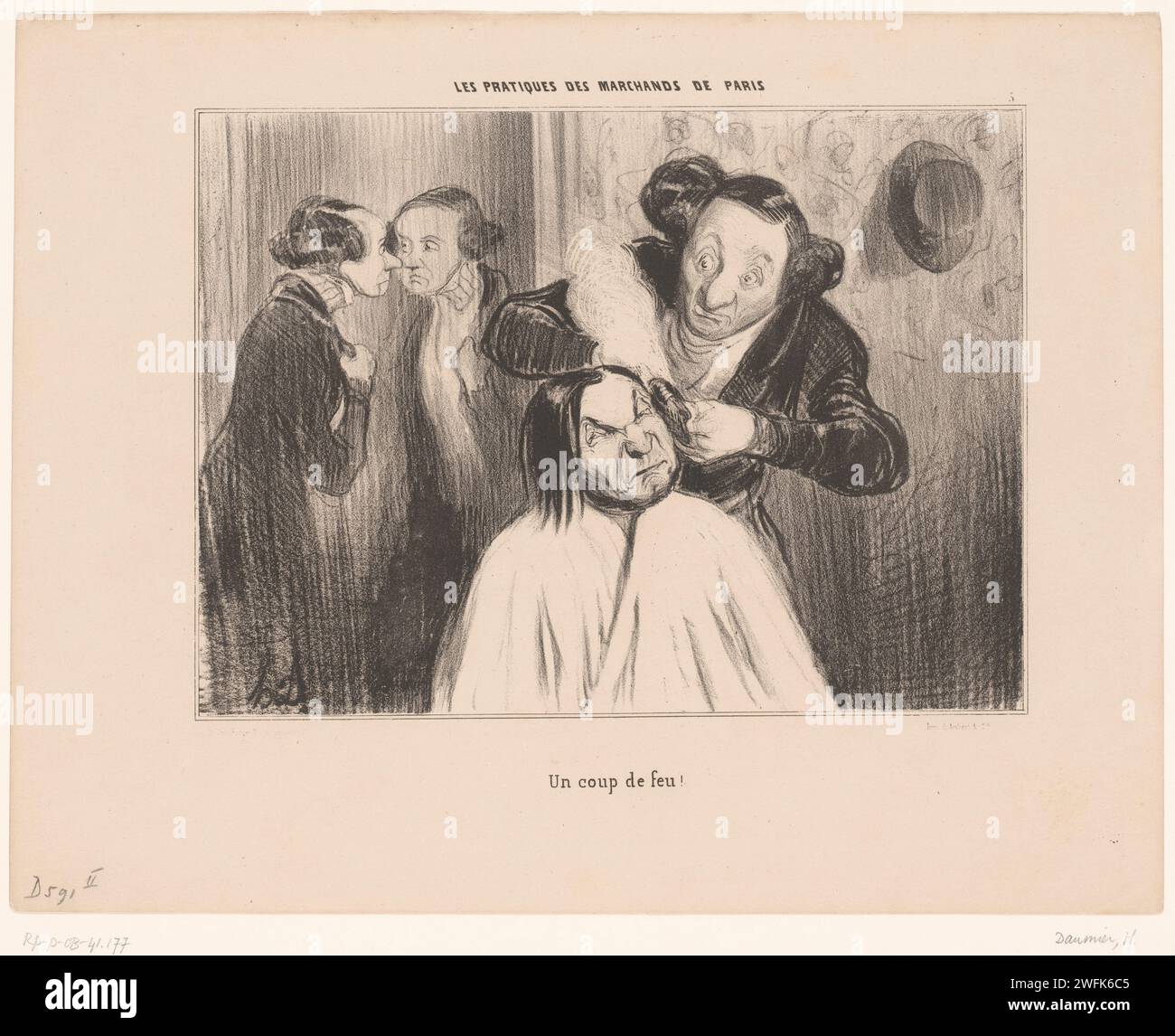 Frau bekommt Locken beim Perückenmacher, Honoré Daumier, 1839 Paris Papierkarikaturen (menschliche Typen). Wigmaker, „perruquier“. Haarkleid Stockfoto