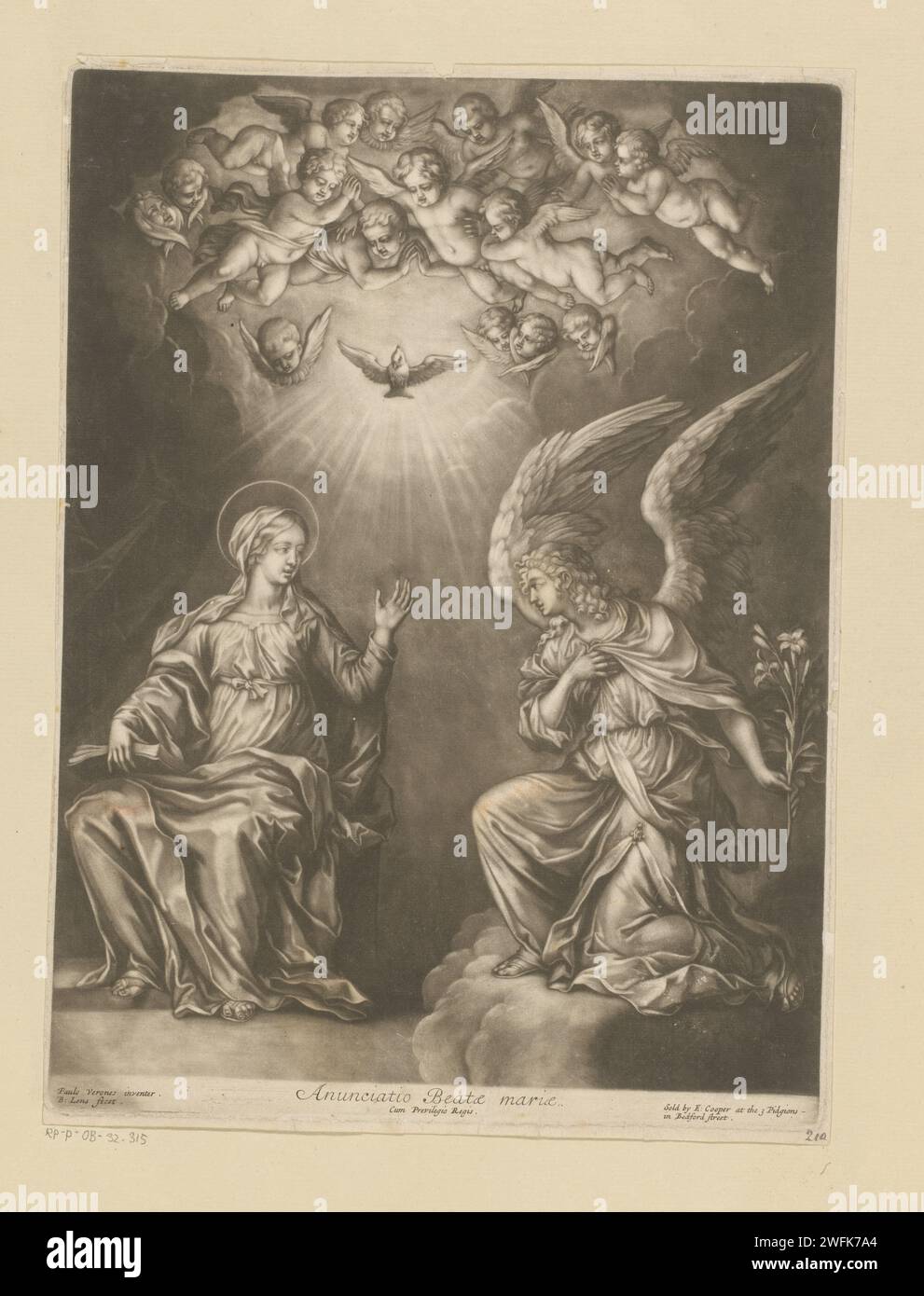 Annunciatie, Bernard Lens (II), nach Paolo Veronese, 1686–1725 Printverlag: LondonEngland Zeitung The Annunciation: Mary, meist liest, wird vom Engel besucht (manchmal hört eine Frau das Gespräch) Stockfoto