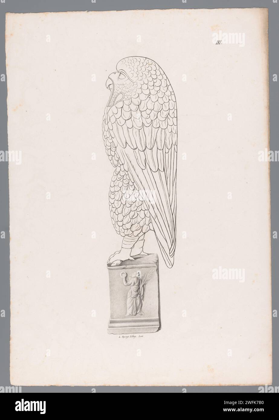 Bild einer Eule, Leendert Springer (I), in oder vor 1830 rechts von einer Eule mit einer Maus in den Krallen. Auf dem Sockel ein Bild von Victoria. Oben rechts nummeriert III Leiden Papiereulen Stockfoto