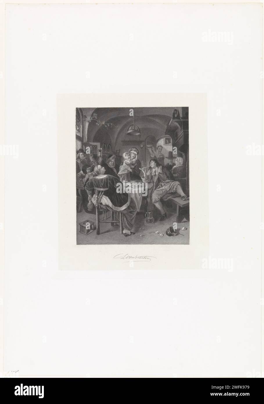 Fröhliche Gesellschaft, Christiaan Lodewijk van Kesteren, nach Jan Havicksz. Steen, 1861 Druck am Tisch, auf dem ein Kind steht, Erwachsene werden überschwänglich geraucht und betrunken. Ein alter Mann und die Frau einer Zeitschrift singen am Fenster. Sie werden von einem Mann mit Flöte begleitet. Auf der rechten Seite am Kamin sind ein paar. Da ist ein Mann mit einem Kuchen in der Tür und eine Katze sitzt im Fenster hinter dem Mann. Papier. Stahlstich private Feierlichkeiten, fröhliche Gesellschaft (+ Variante). Kat. Pfeife  Tabak. Rebe. Stimmmusik, Gesang Stockfoto