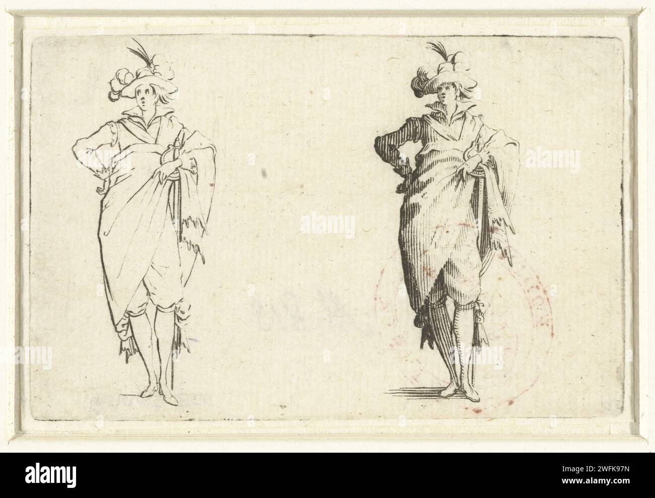 Zweimal derselbe Mann mit Mantel und Schwert, die rechte Hand auf der Seite, von vorne gesehen, Jacques Callot, 1621 Ein Gentleman mit Hut auf der linken Schulter und einem Mantel über der linken Schulter, ein Schwert auf der linken, die rechte Hand auf der Seite, von vorne gesehen, zweimal dargestellt: links als Linienfigur, rechts mit Schattenpartys. Dieser Druck ist Teil einer Serie von 48 Drucken (50 inkl. Titelseite und Dickblatt) mit verschiedenen Themen (darunter Männer und Frauen in verschiedenen Haltungen, Landschaften, Gebäude und Feste in Florenz). Diese Ausdrucke könnten als Zeichenbeispiele gedacht sein. Nancy PAP Stockfoto