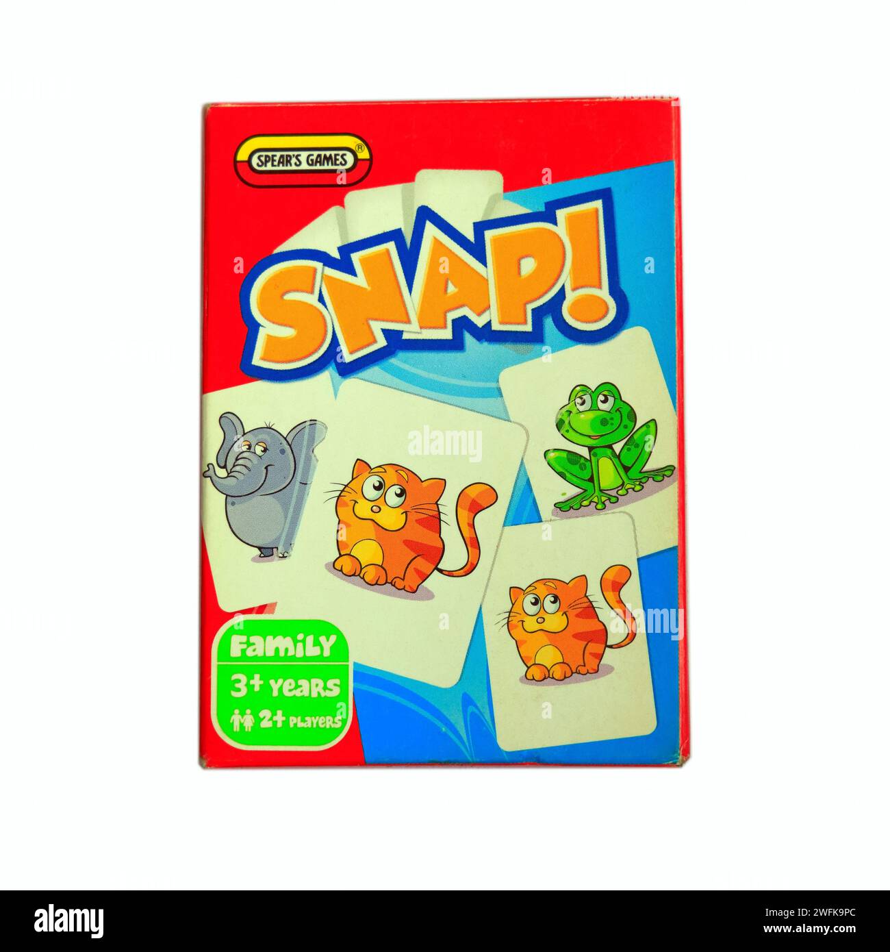 Snap Card Game Box der Marke Speare's Games auf weißem Hintergrund. Studio eingerichtet. Stockfoto