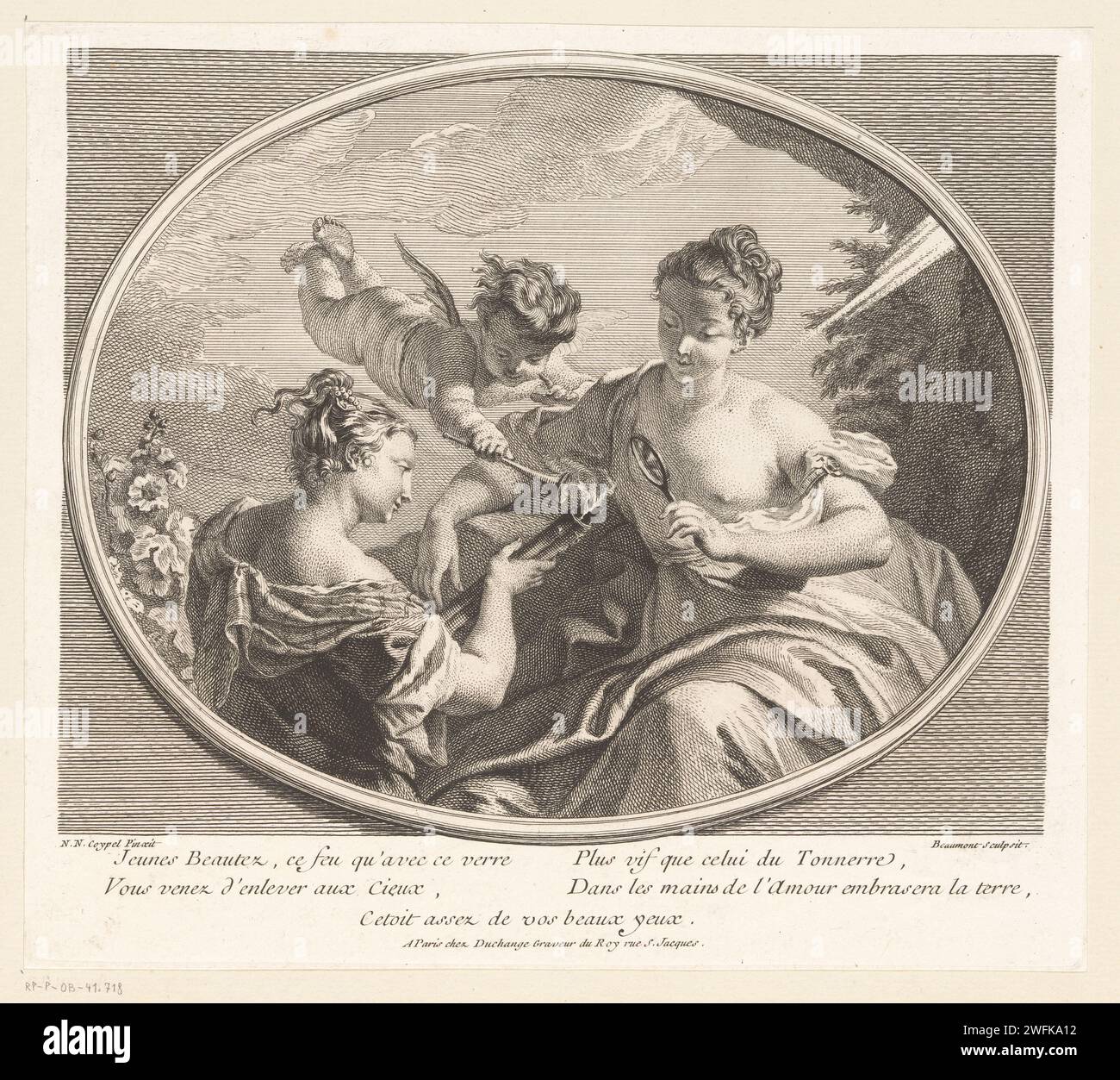 Allegorische Darstellung über den Ursprung des Feuers, Pierre Francois Beaumont, nach Noël -Nicolas Coypel, 1729–1757 Druckgraphiker: Franziskus: Paris Papierätzung / Gravur Brennen als Prozess. Cupiden: 'amores', 'amoretti', 'Putti'. Lupe Stockfoto