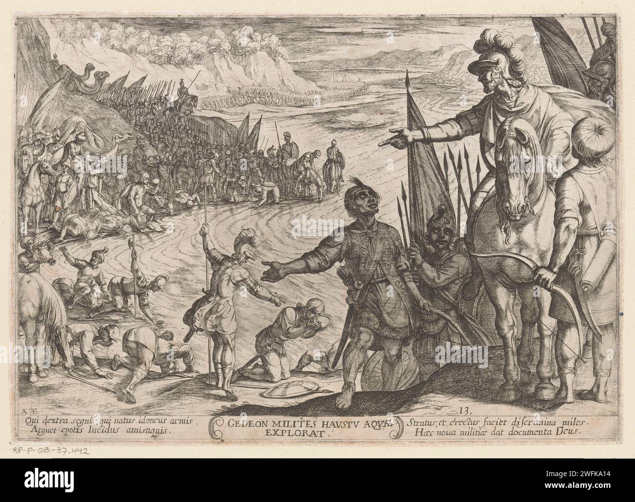 Gideon wählt seine Soldaten, Antonio Tempesta, 1613 Druck Gideon ist zu Pferd und wählt seine Soldaten. Titel und Untertitel in lateinischer Sprache am unteren Rand. Druckerei: ItalienVerleger: RomeRomeItalienItalienisches Papier, das die Zeit von Gideon (Jerubbaal) - das Buch der Richter Stockfoto