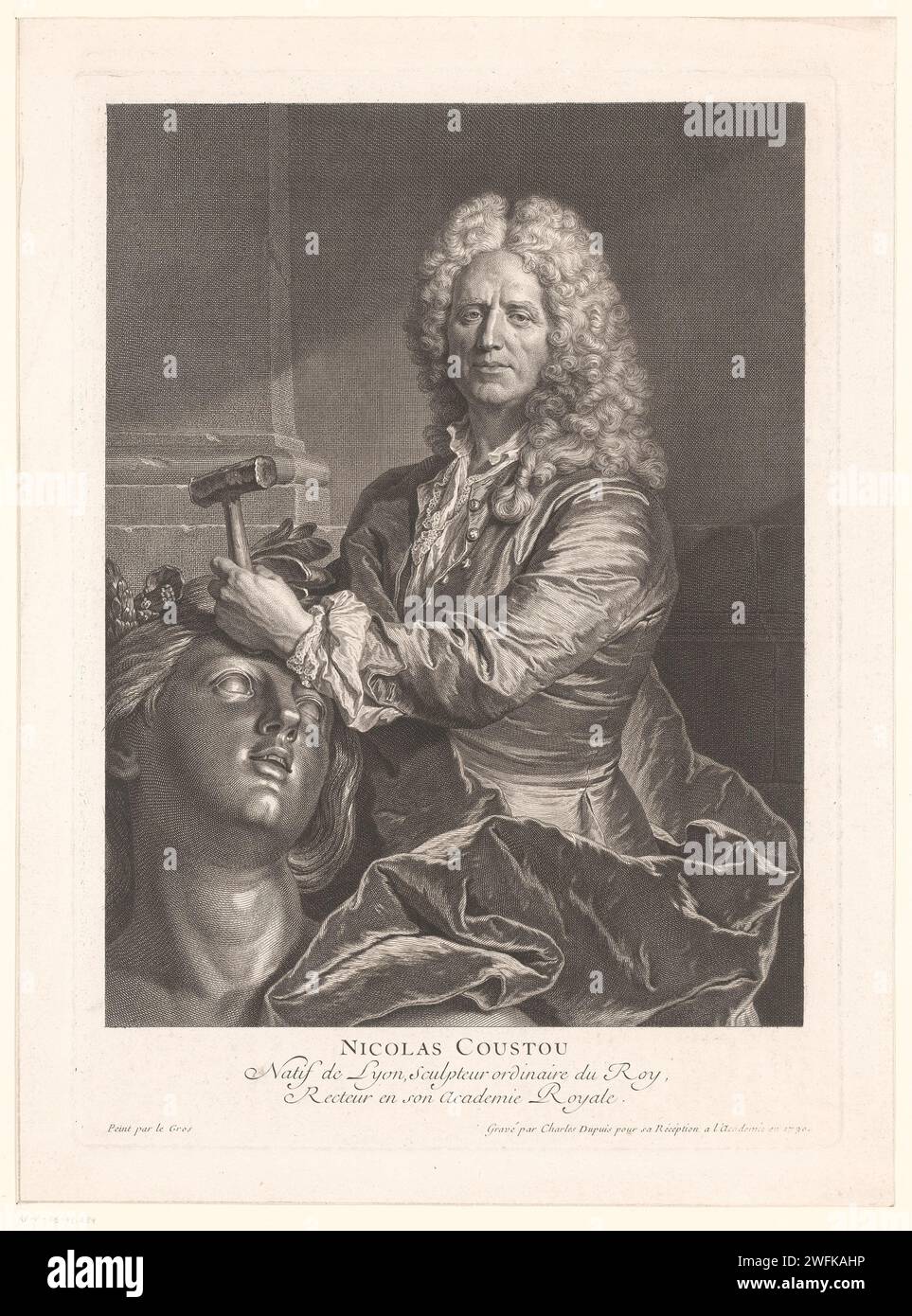 Portret van Nicolas Coustou, Charles Dupuis, nach Jean Legros, 1730 Druck Frankreich Papierstich / Radierporträt, Selbstporträt des Bildhauers. Bildhauer bei der Arbeit Stockfoto