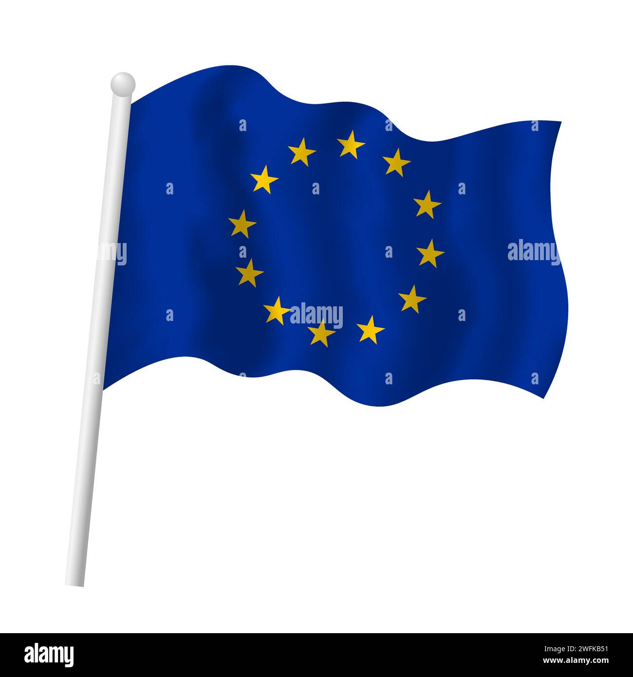Die EU-Flagge schwenkt. Vektor-isolierte Illustration der Flagge der Europäischen Union am Fahnenmast im Wind. Gelber Sternenkreis auf blauem Hintergrund Stock Vektor