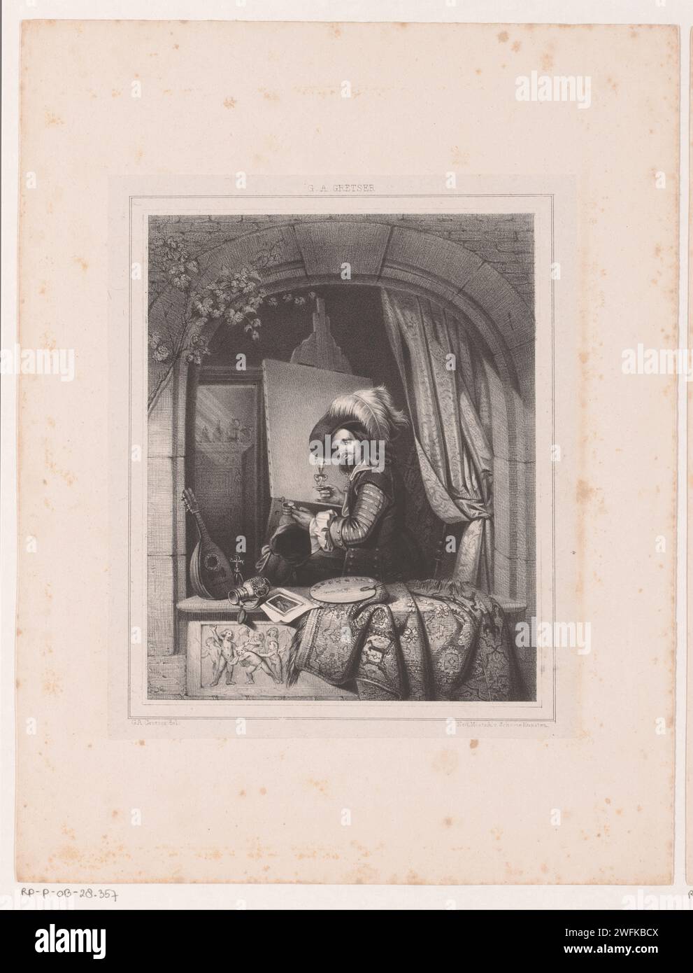 Der Maler hinter seinem Esel, 1825–1864 Druck der Maler trägt ein Kostüm aus dem 17. Jahrhundert. Es gibt eine Laute, eine Karaffe und eine Zeichnung in der Fensterbank. Niederlande Papier. Staffelei (+ Künstler bei der Arbeit). Laute und spezielle Lautenformen, z. B. Theorbo Stockfoto