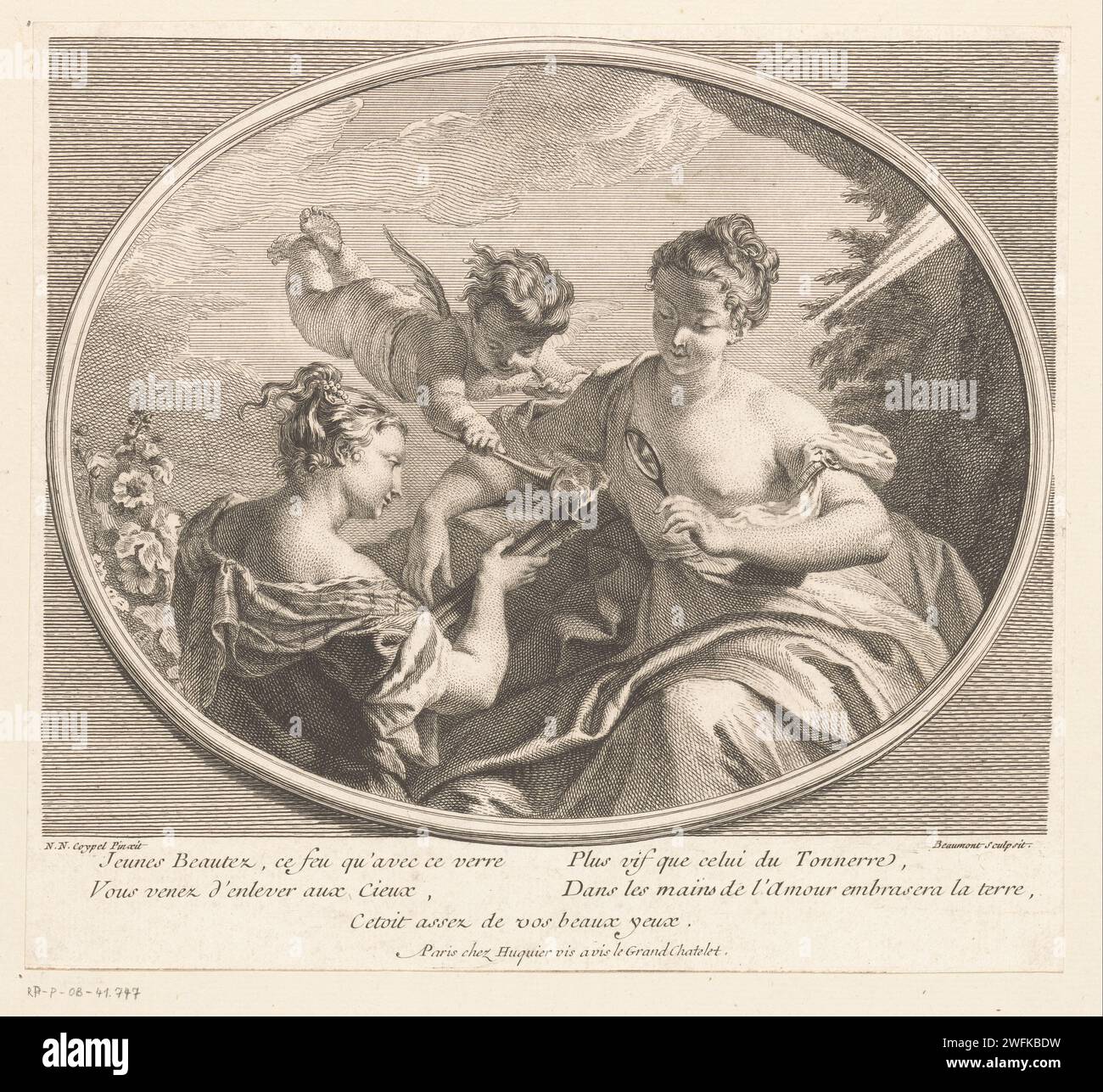 Allegorische Darstellung über den Ursprung des Feuers, Pierre Francois Beaumont, nach Noël -Nicolas Coypel, 1729–1769 Druckgraphiker: Franziskus: Paris Papierätzung / Gravur Brennen als Prozess. Cupiden: 'amores', 'amoretti', 'Putti'. Lupe Stockfoto