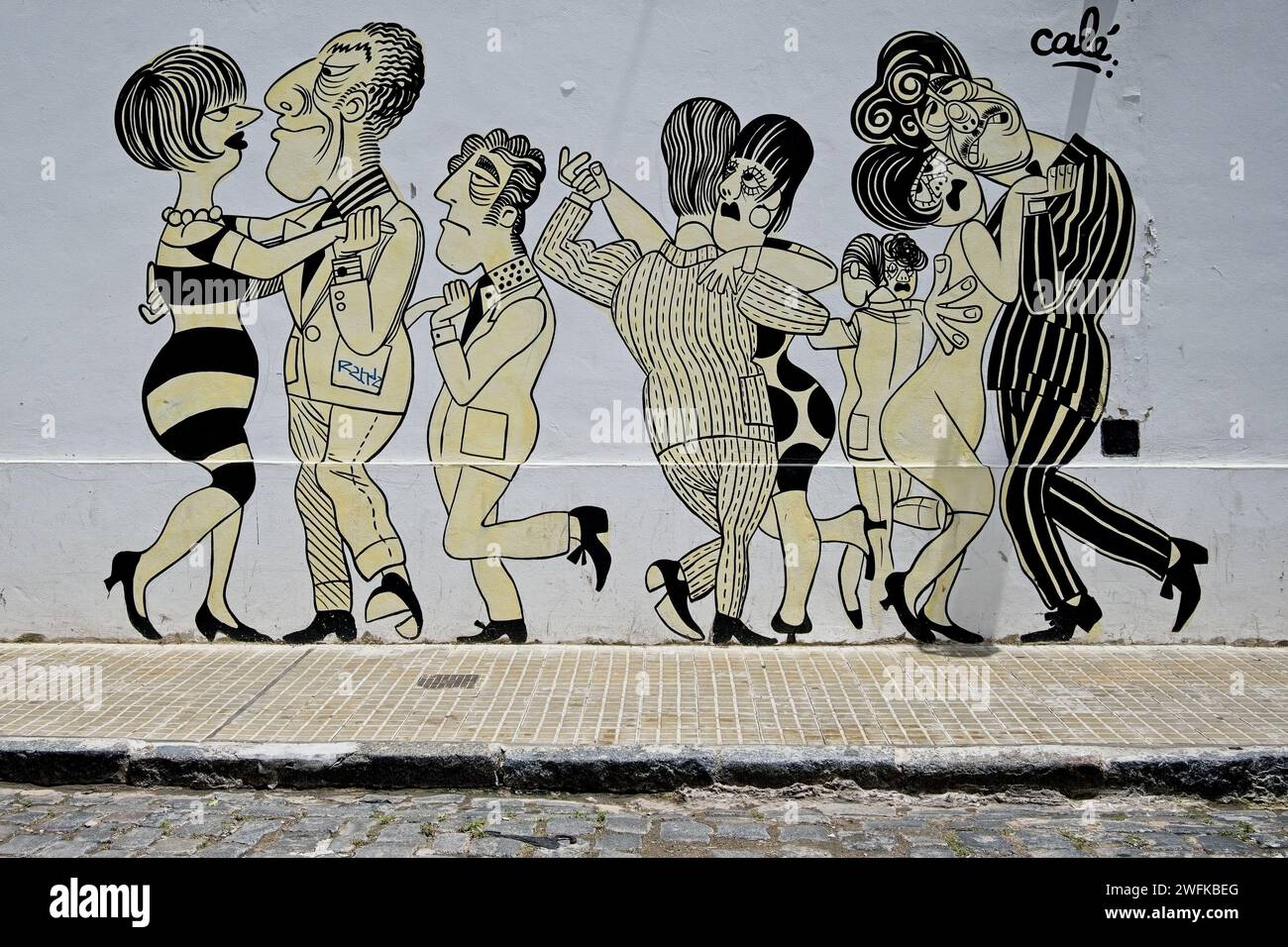 Ein Beispiel für Buenos Aires Street Art, die Zeichentrickfiguren zeigt, die den Tango tanzen. Buenos Aires ist bekannt für seine lebendige Straßenkunst-Kultur. Stockfoto