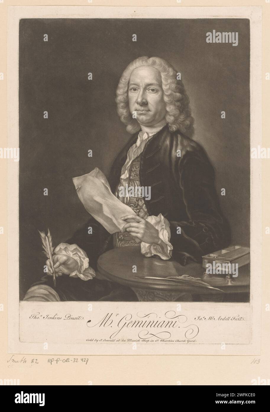 Portret Van Francesco Geminiani, James McAndell, nach Thomas Jenkins, 1741–1762 gedruckte Londoner Zeitung historische Personen. Porträt des Komponisten Stockfoto