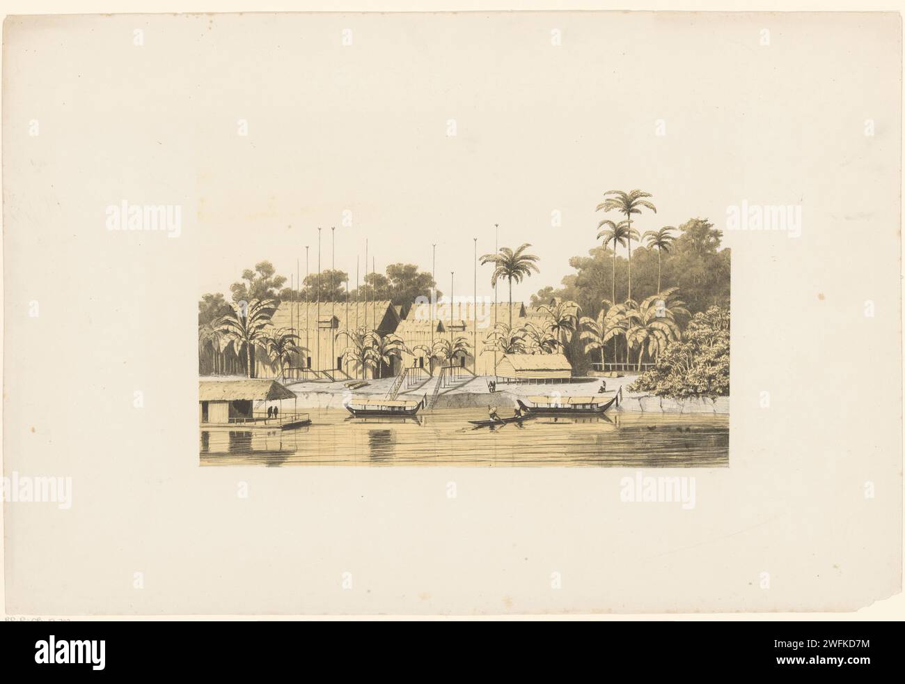 Flussplatte in Asien, Jan Weissenbruch, 1832 - 1880 Druckboote segeln auf einem Fluss. Die Häuser sind auf der Bank. Der Haager Papierfluss Stockfoto
