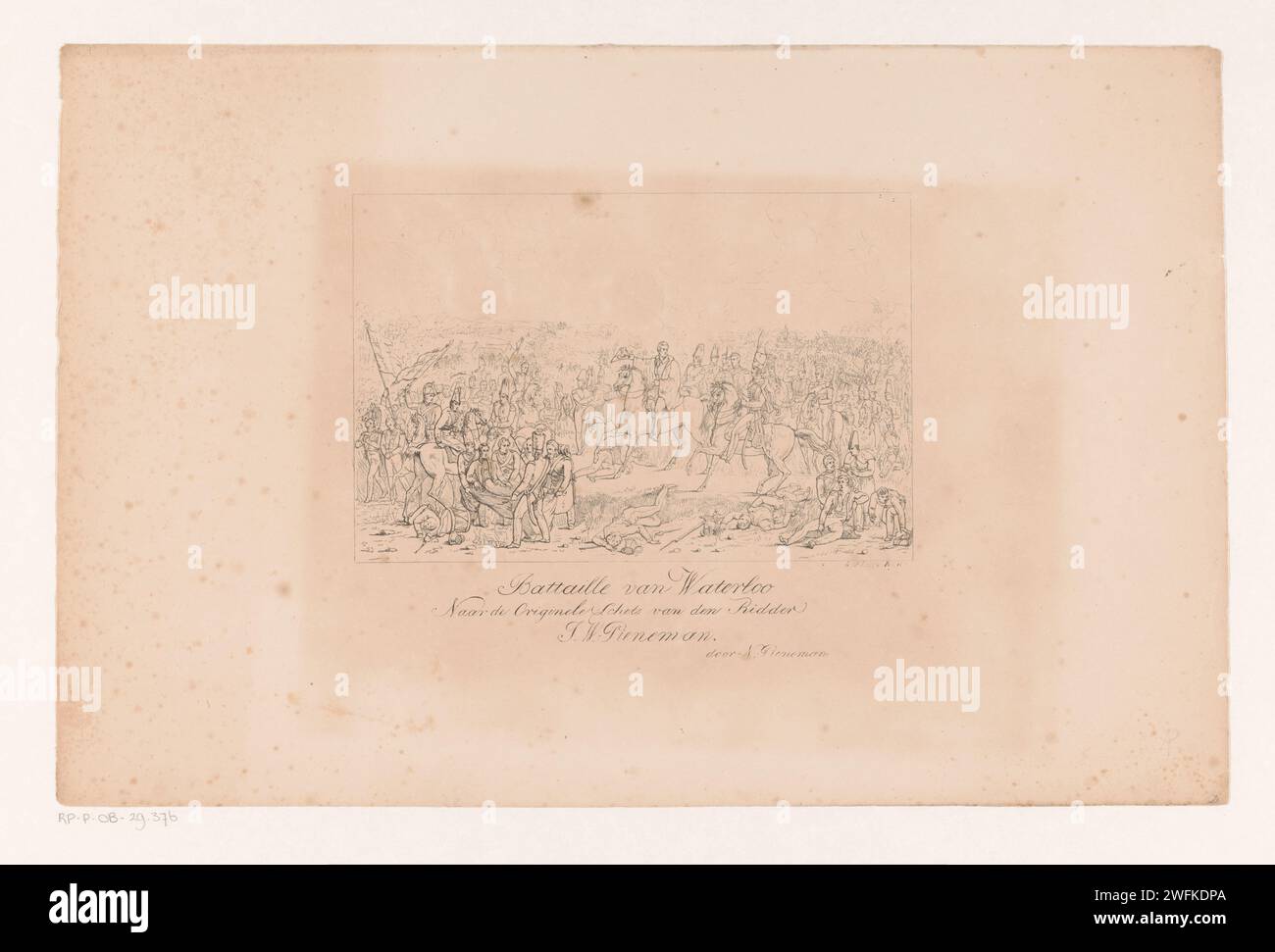 Schlacht von Waterloo, Nicolaas Pieneman, nach Jan Willem Pieneman, 1819–1860 Print die Schlacht von Waterloo, 18. Juni 1815. Blick auf das Schlachtfeld, als der englische Kommandant Wellington hört, dass preußische Hilfe unterwegs ist. Der verwundete Willem, Prinz von Orange, wird nach links in den Vordergrund gebracht. Die Kommandeure und andere Offiziere zu Pferd sind in der Mitte, im Vordergrund verletzte und tote Soldaten. Die Kämpfe toben auf dem Schlachtfeld im Hintergrund. Niederlande Papiergebühr  Battle. Er wird außer Gefecht gesetzt, indem er Waterloo verwundet Stockfoto