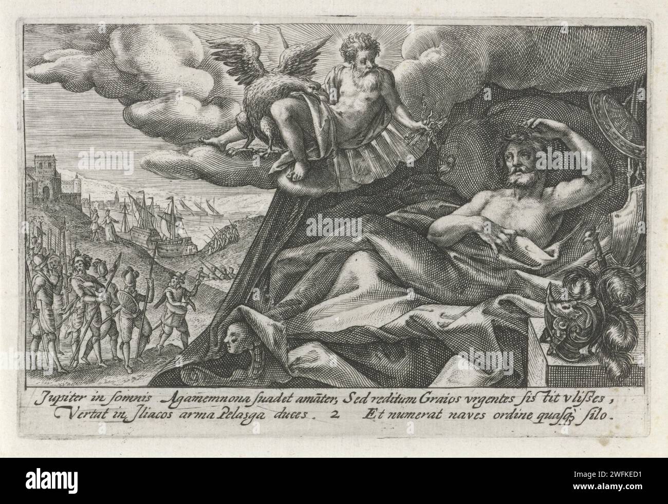 Agamemnons Traum, Crispijn van de Passe (I), 1613 Druck Jupiter verführt Agamemnon, den Kommandeur der griechischen Truppen, in einem Traum, die Trojanen erneut zu bekämpfen. Im Hintergrund Odysseus mit den griechischen Truppen. Am Rand eine vierzeilige Beschriftung in zwei Spalten auf Lateinisch. Utrechter Papier, das den Traum von Agamemnon graviert: Morpheus in Form von Nestor drängt ihn zum Angriff (+ Variante). (Geschichte von) Ulysses Stockfoto