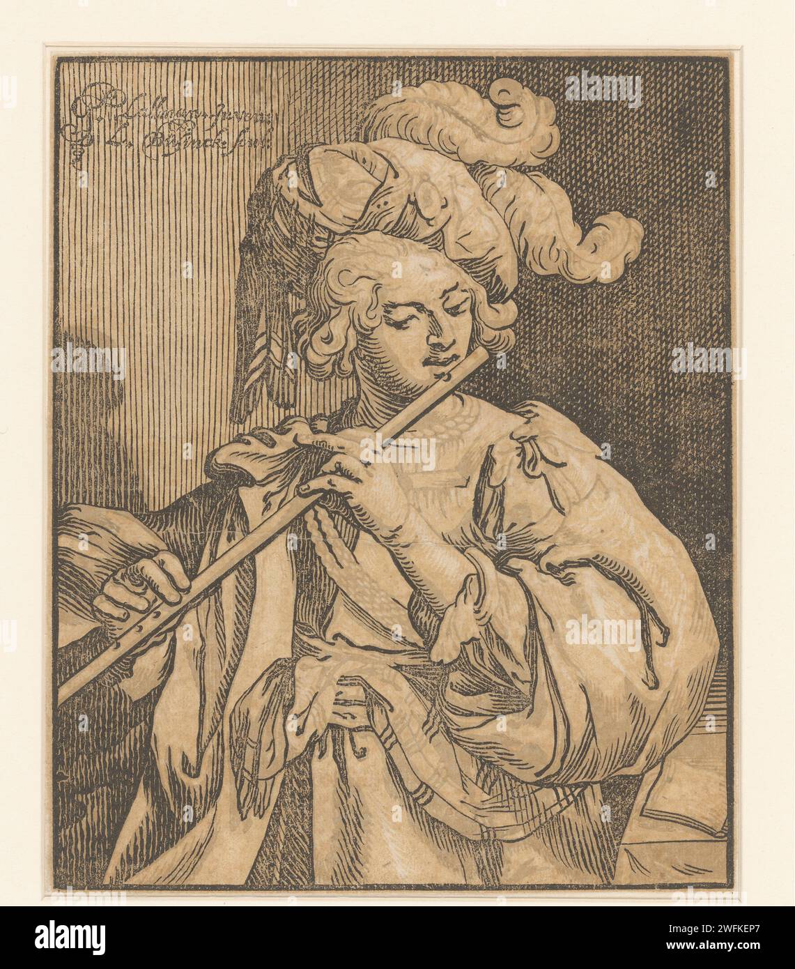 Flötenspieler Ludwig Büsinck, nach Georges Lallemand, 1600–1643 Druckpapier eine Person spielt Blasinstrument. Quernut Stockfoto