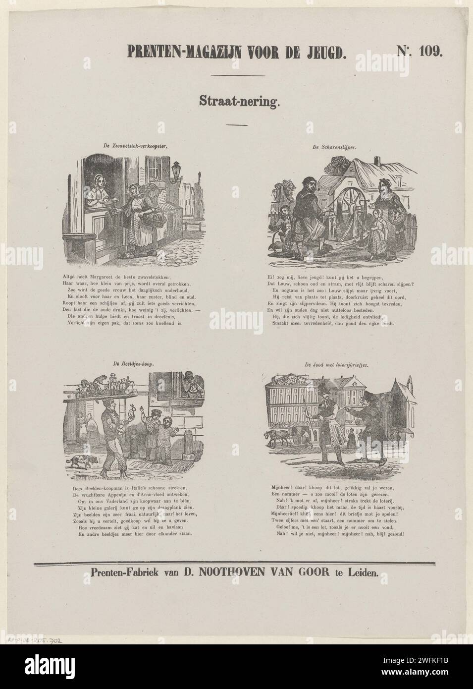 Street Sellers, 1850 - 1881 Print Leaf mit 4 Darbietungen von Straßenverkäufern: Eine Schwefel-Stabverkäuferin, eine Schere schärfer, ein Bildhauer und ein Verkäufer von Lottonoten. Über jedem Bild ein Titel, unter jedem Bild eine achtzeilige Strophe. Rechts oben nummeriert: Nr. 109. Verlag: Leidenprint Hersteller: Niederlande Papier Buchdruck Straßenhändler Stockfoto