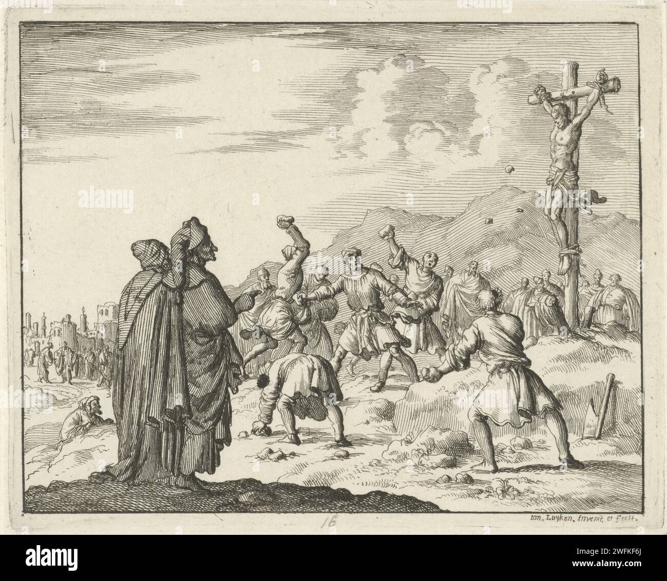 Kreuzigung von Matthias, Jan Luyken, 1685 Druck Amsterdamer Papier ätzend Matthias gekreuzigt Stockfoto