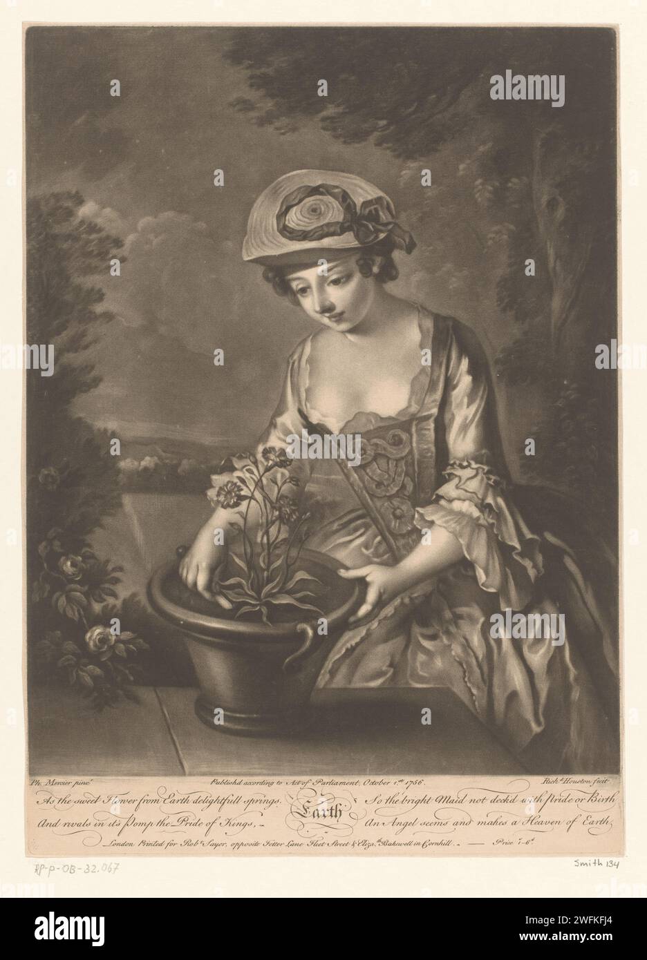 Junge Frau mit einem Blumentopf, Richard Houston, nach Philippe Mercier, 1756 Druck Text in englischer Sprache am unteren Rand. Londoner Zeitung Jugendlicher, junge Frau, Jungfrau. Topfpflanzen. Masse (eines der vier Elemente) Stockfoto