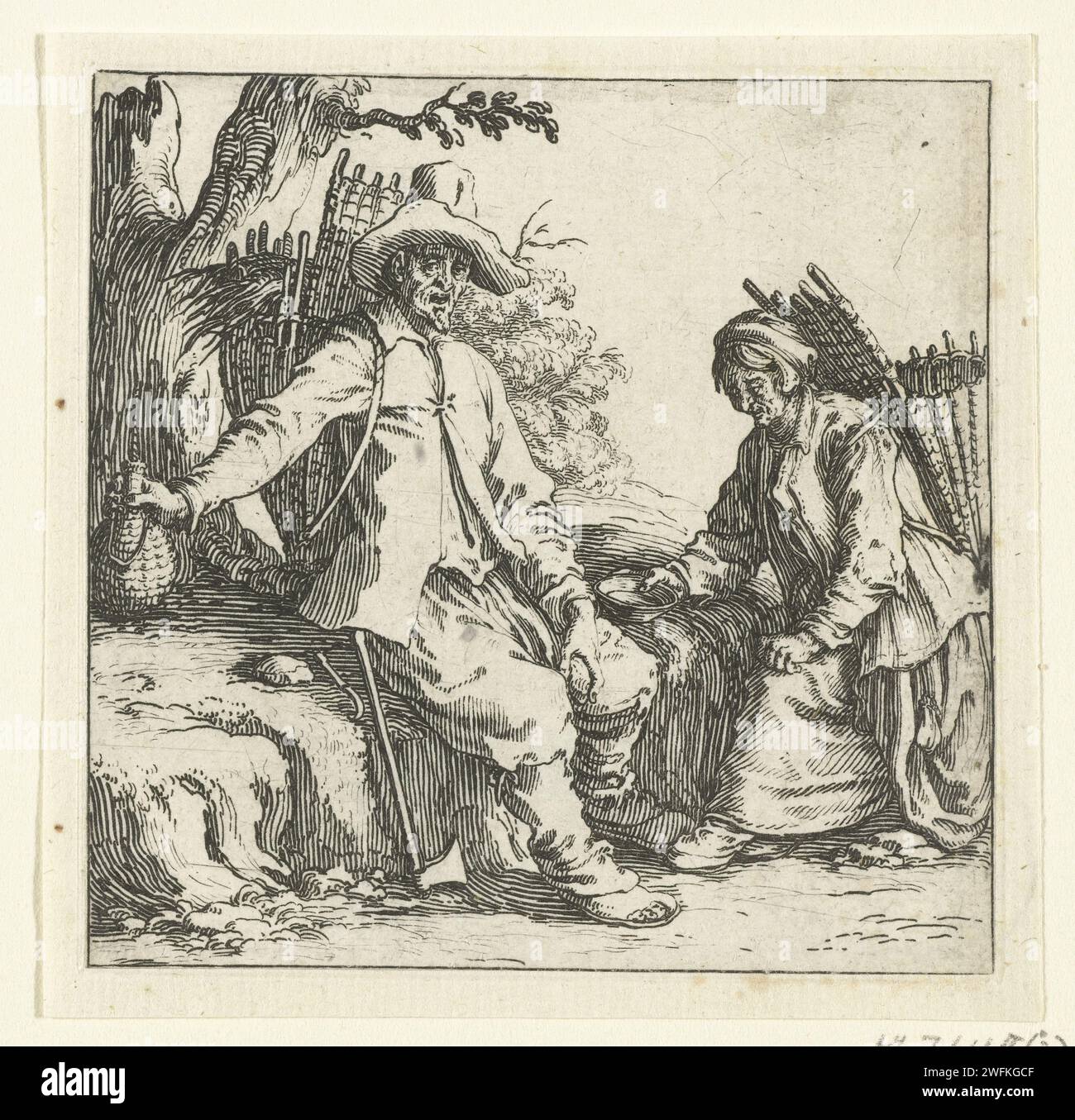 Bär und Bäuerin mit Körben auf der Rückseite, Jacques Callot, 1621 - 1624 drucken Einen Bauern und eine Bäuerin, beide mit einem Korbkorb auf der Rückseite, ruhen auf einer Straße. Der Bauer nimmt eine Flasche, die Frau des Bauers eine Schüssel. Dieser Druck ist Teil einer Serie von 16 Drucken (15 nach Lieure; 17 bzw. 16 inkl. Titeldruck) mit Männern und Frauen in verschiedenen Haltungen. Diese Ausdrucke könnten als Zeichenbeispiele gedacht sein. Nancy Papier ätzt Bauern. Behälter aus anderem Pflanzenmaterial als Holz: Korb Stockfoto