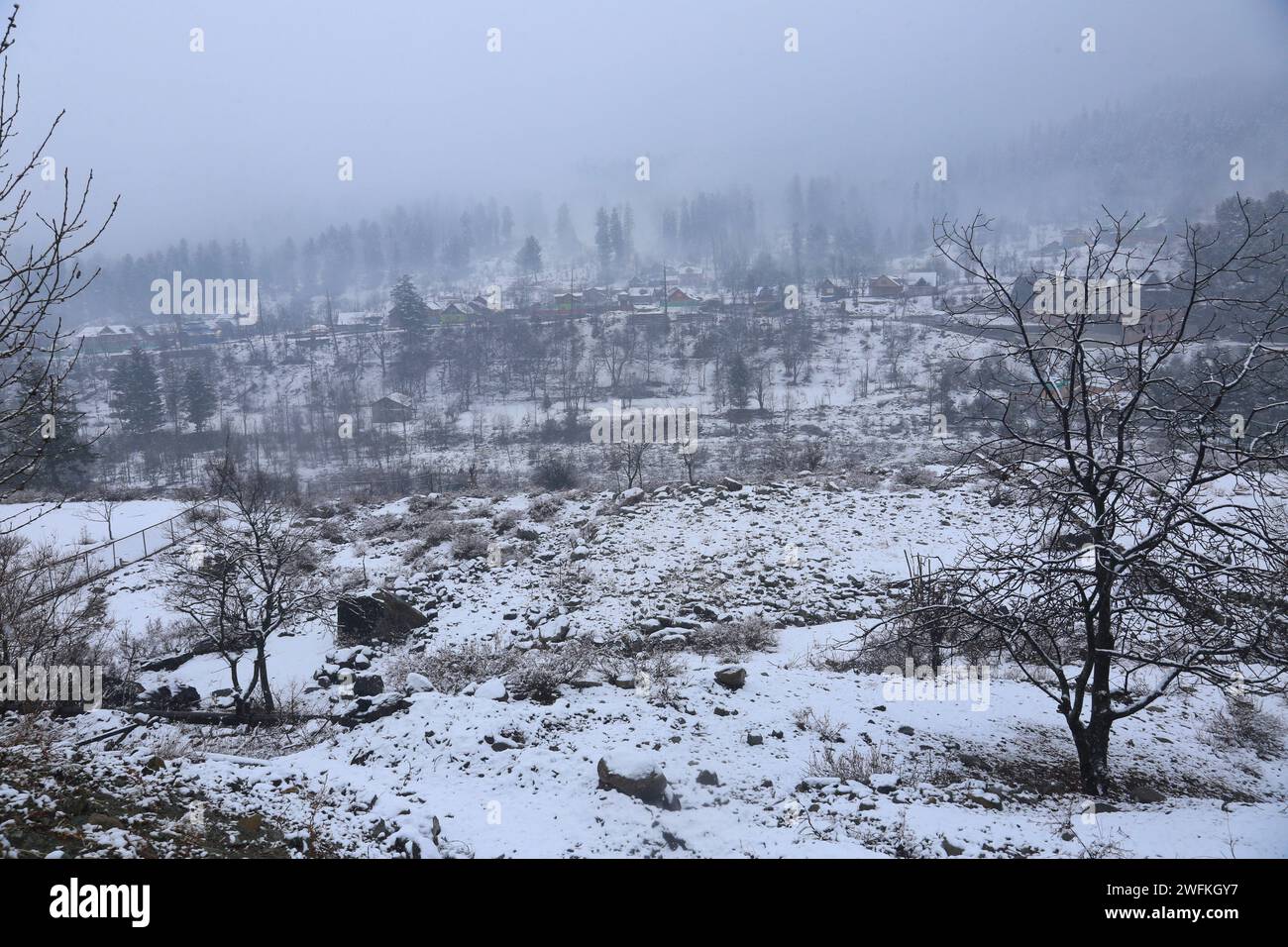 Srinagar, Indien. Januar 31, 2024. 31. Januar 2024, Srinagar Kashmir, Indien: Schneebedeckte Häuser sind in Tangmarg nördlich von Srinagar zu sehen. Am zweiten Tag in Folge erlebten die höheren Berge in Kaschmir am Mittwoch Schnee und Regen, was eine zwei Monate lange Trockenperiode im Himalaya endete. Am 31. Januar 2024 In Srinagar Kaschmir, Indien. (Foto von Firdous Nazir/Eyepix Group) Credit: SIPA USA/Alamy Live News Stockfoto