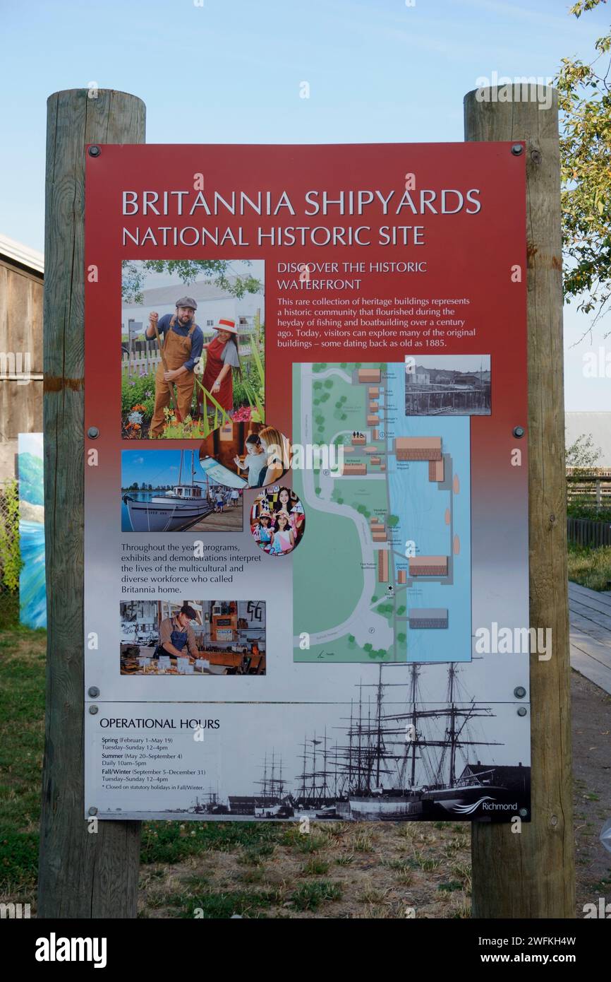 Britannia Shipyards National Historic Site Interpretive Sign, Steveston, British Columbia, Kanada Stockfoto